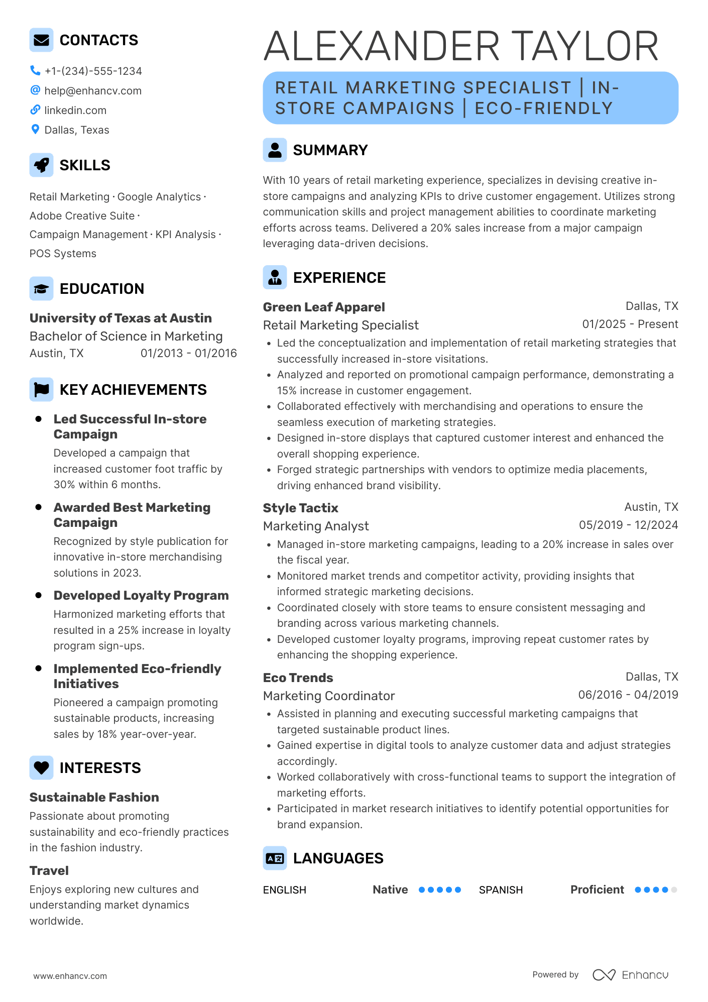 Mid Level Retail Marketing Specialist Resume Example