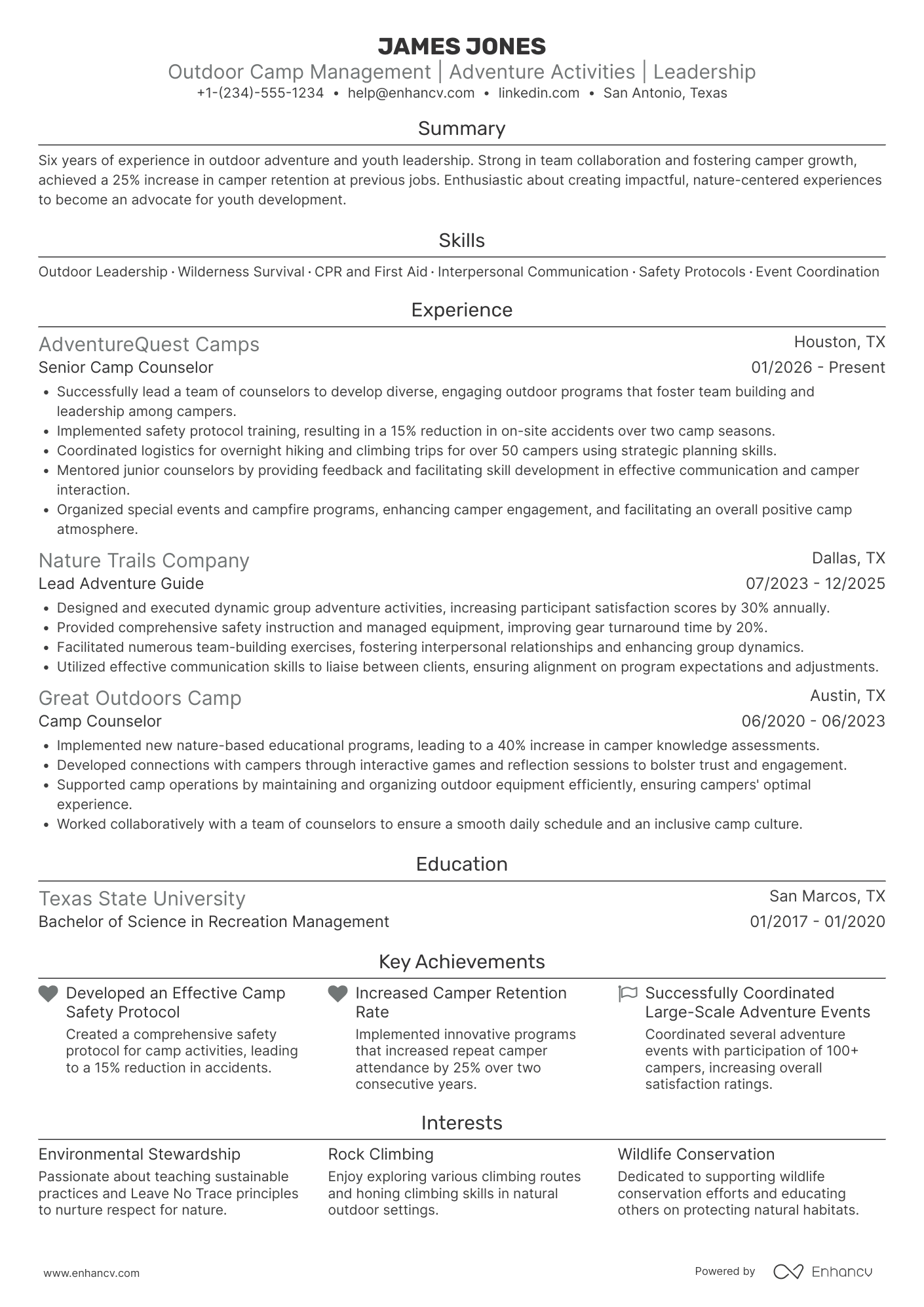 Outdoor Adventure Camp Counselor Resume Example