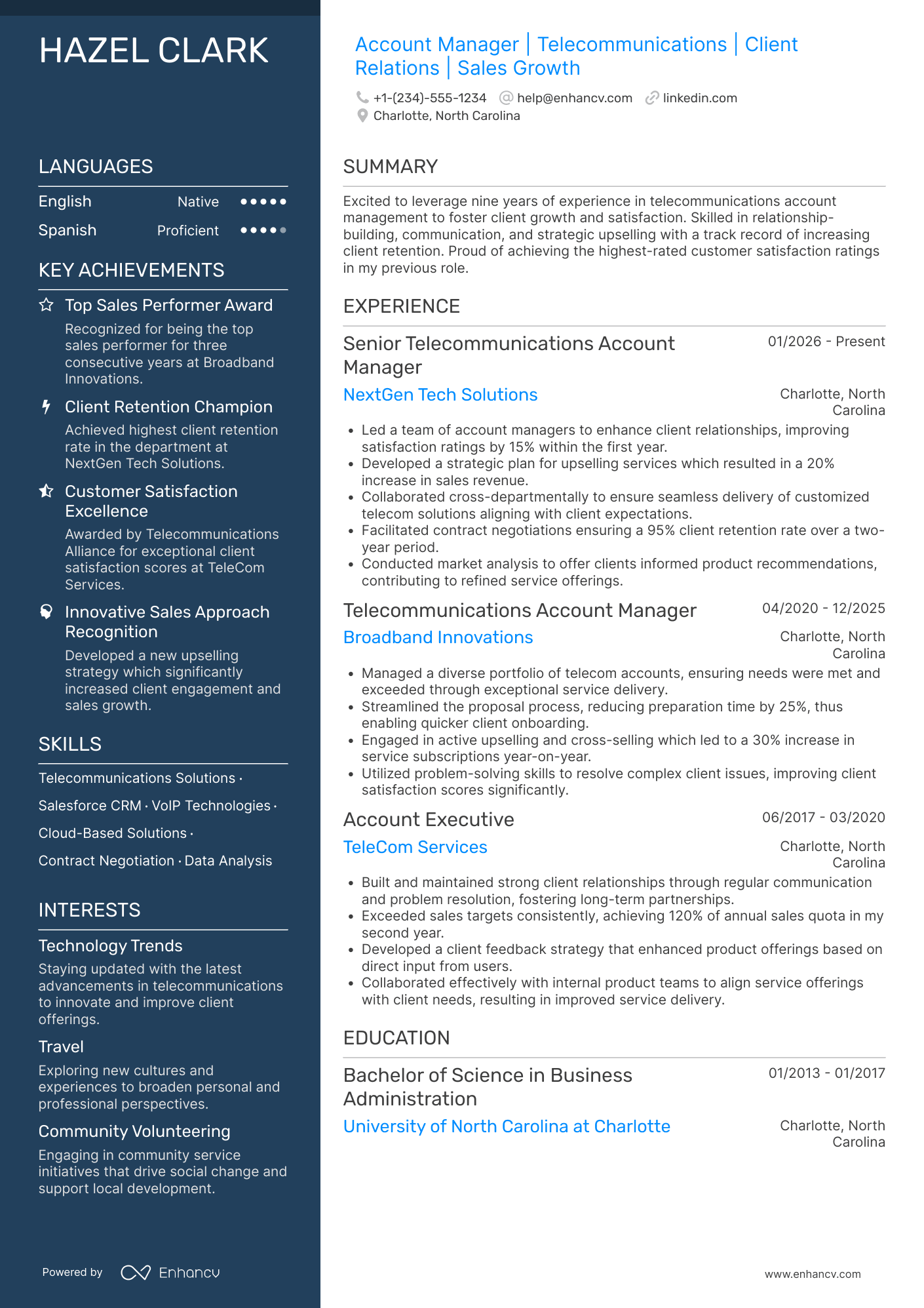 Telecommunications Account Manager Resume Example
