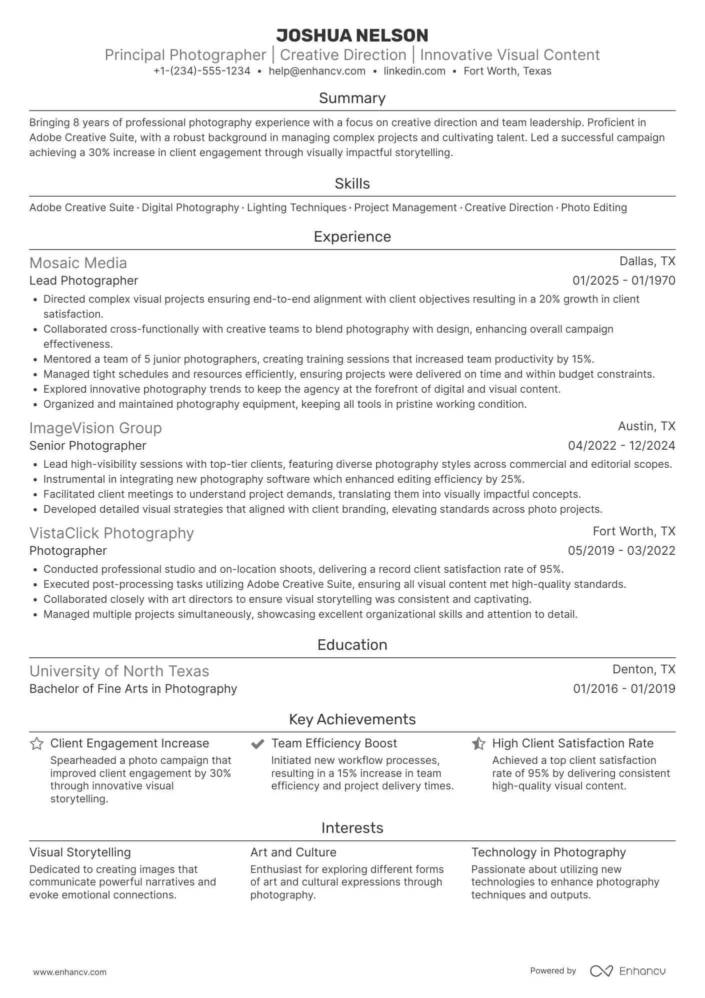 Principal Photographer Resume Example