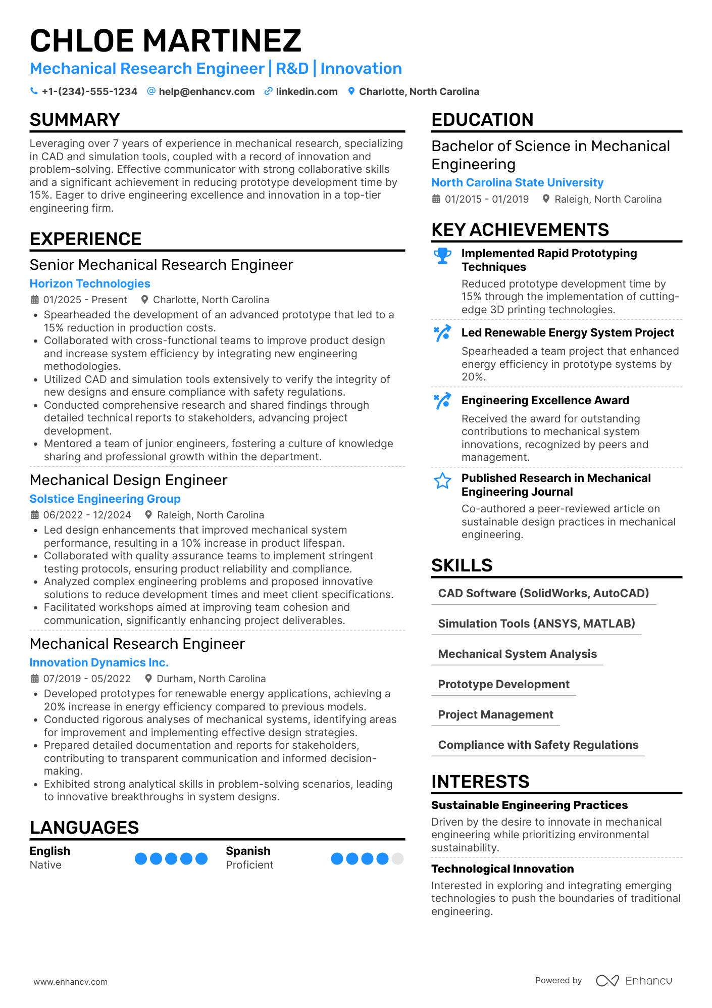 Mechanical Research Engineer Resume Example