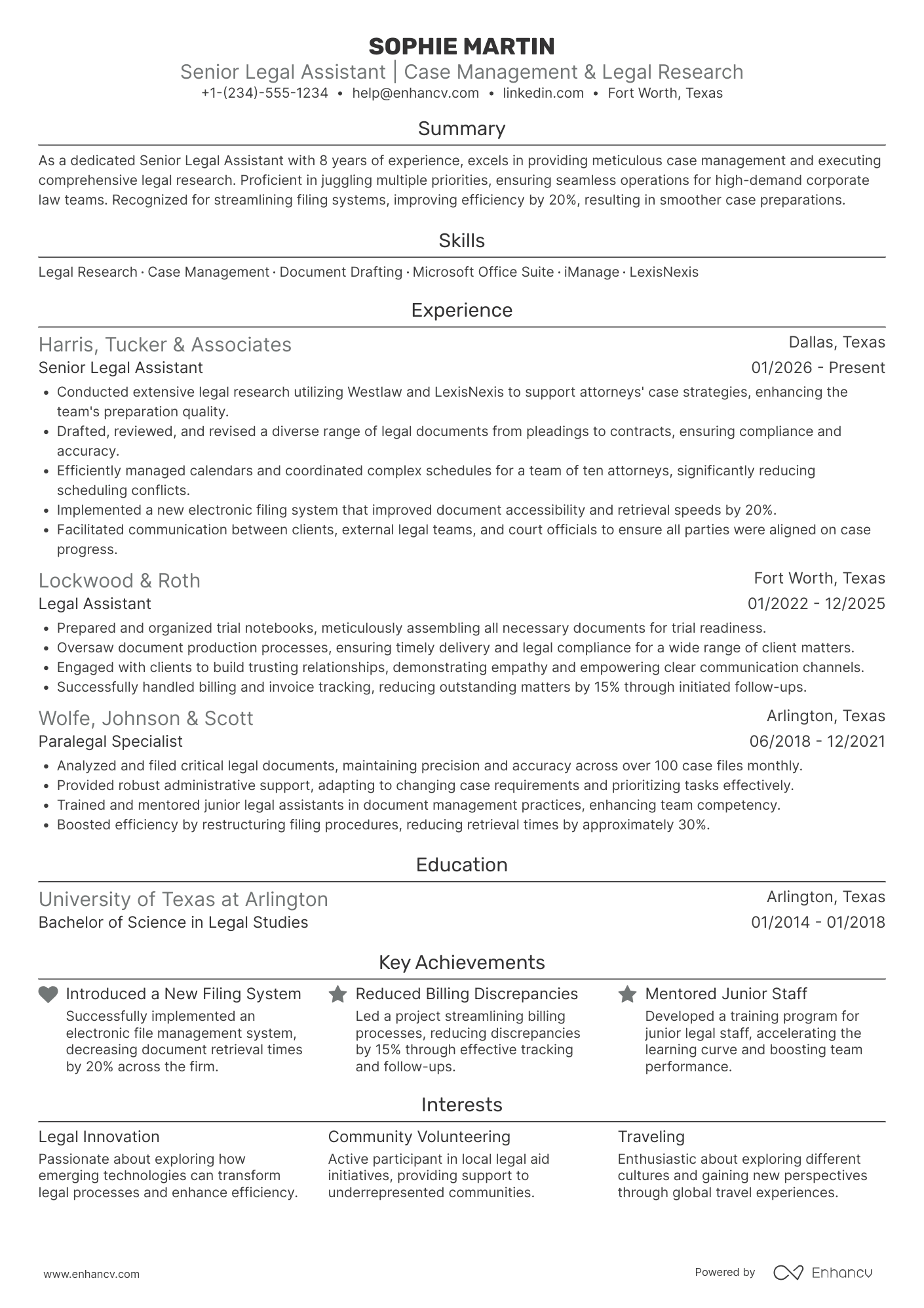 Senior Legal Assistant Resume Example