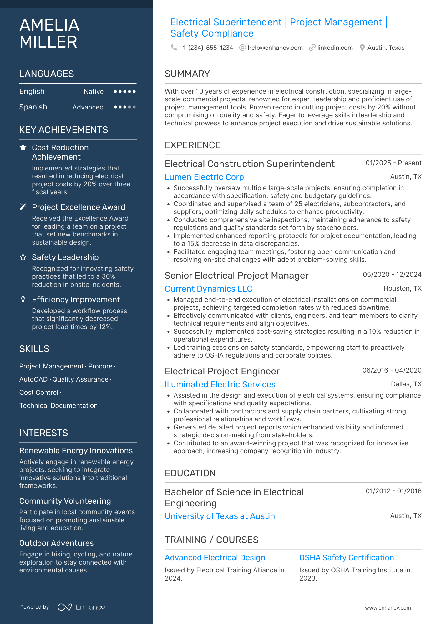 Electrical Construction Superintendent Resume Example