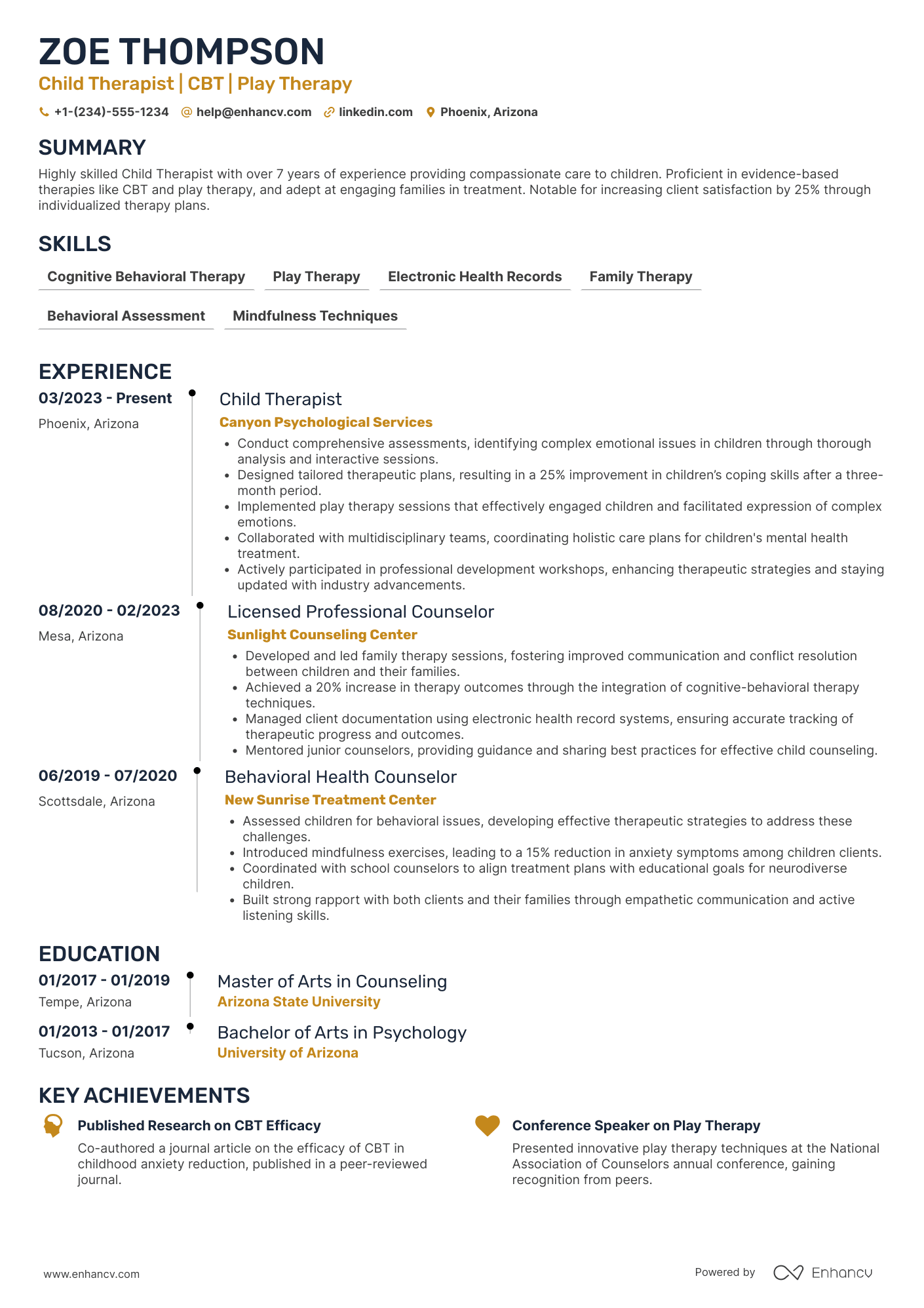 Child Therapist Resume Example