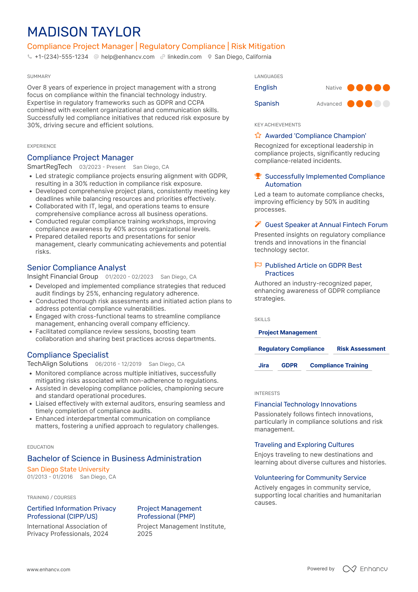 Compliance Project Manager Resume Example