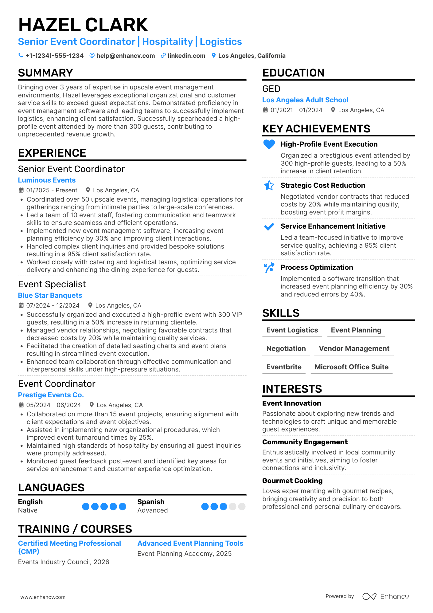Executive Hostess Resume Example