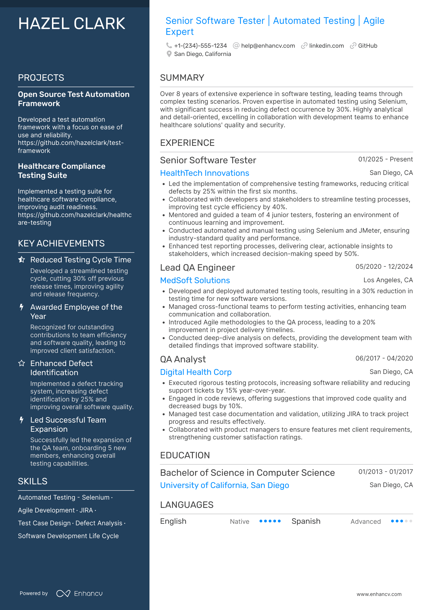 Senior Software Tester Resume Example