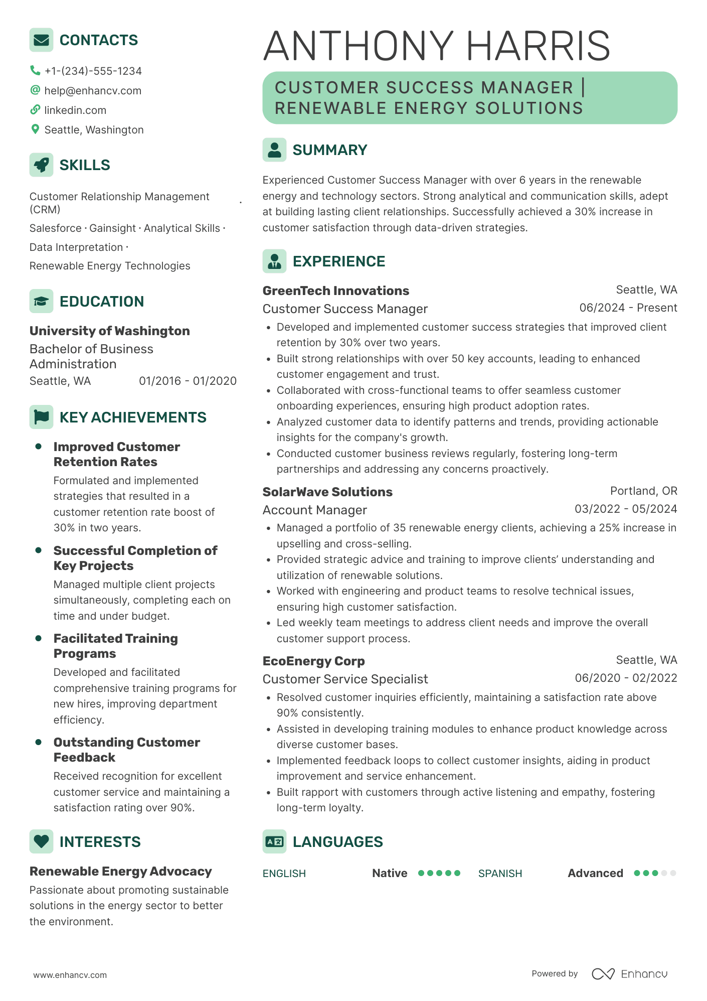 Global Customer Success Manager Resume Example