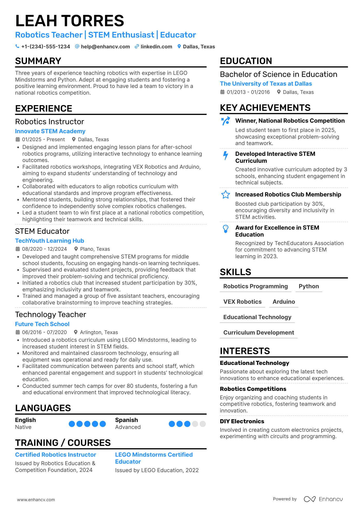 After School Robotics Teacher Resume Example