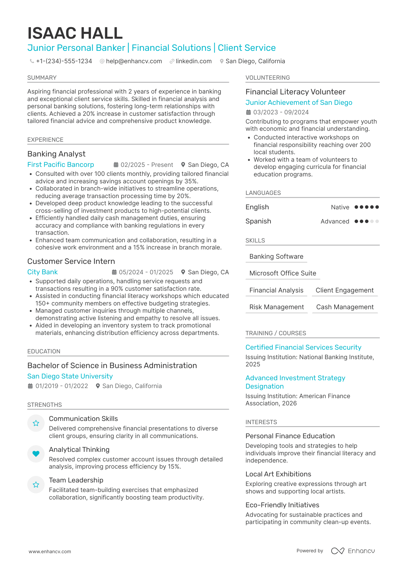 Junior Personal Banker Resume Example