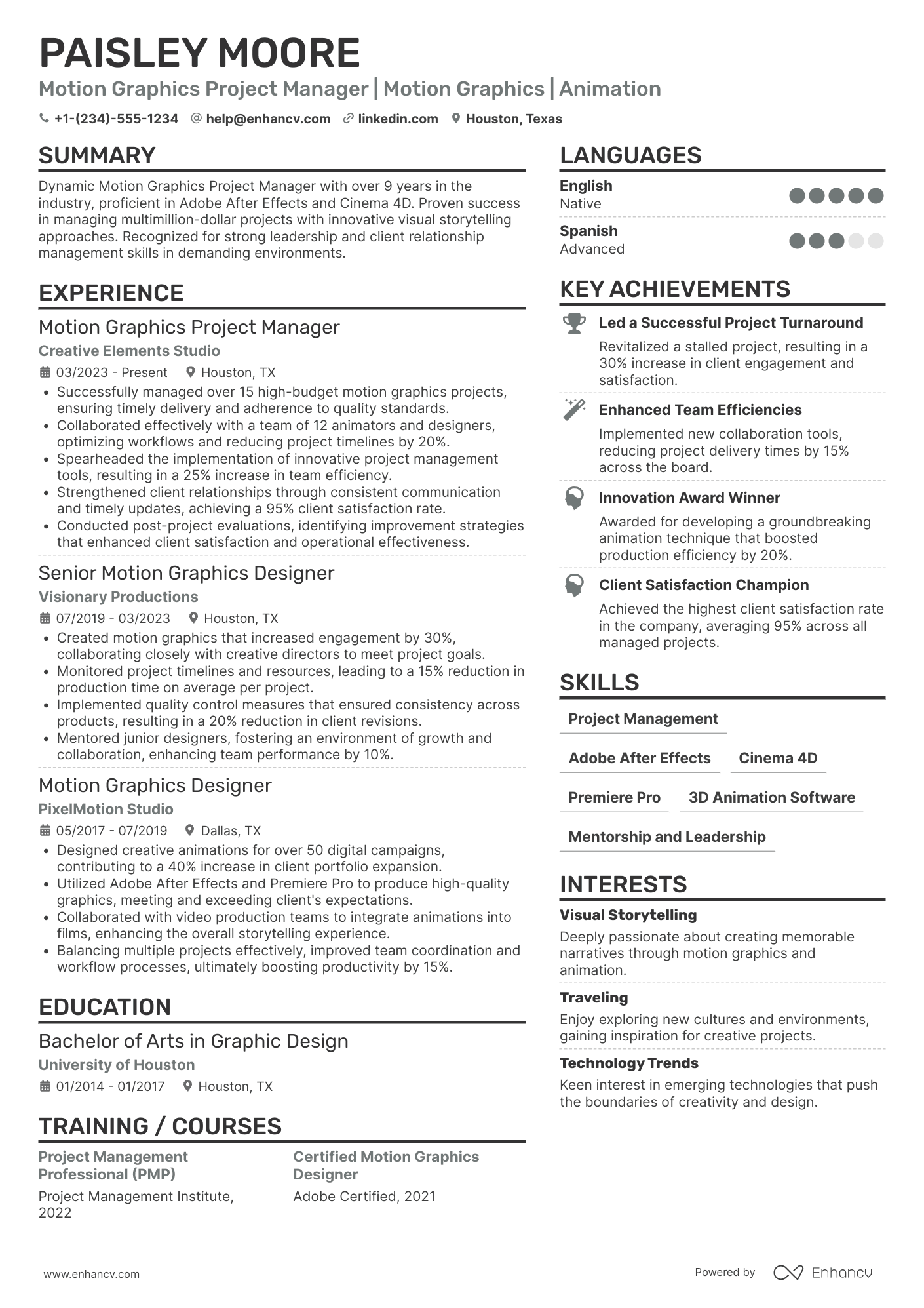 Motion Graphics Project Manager Resume Example