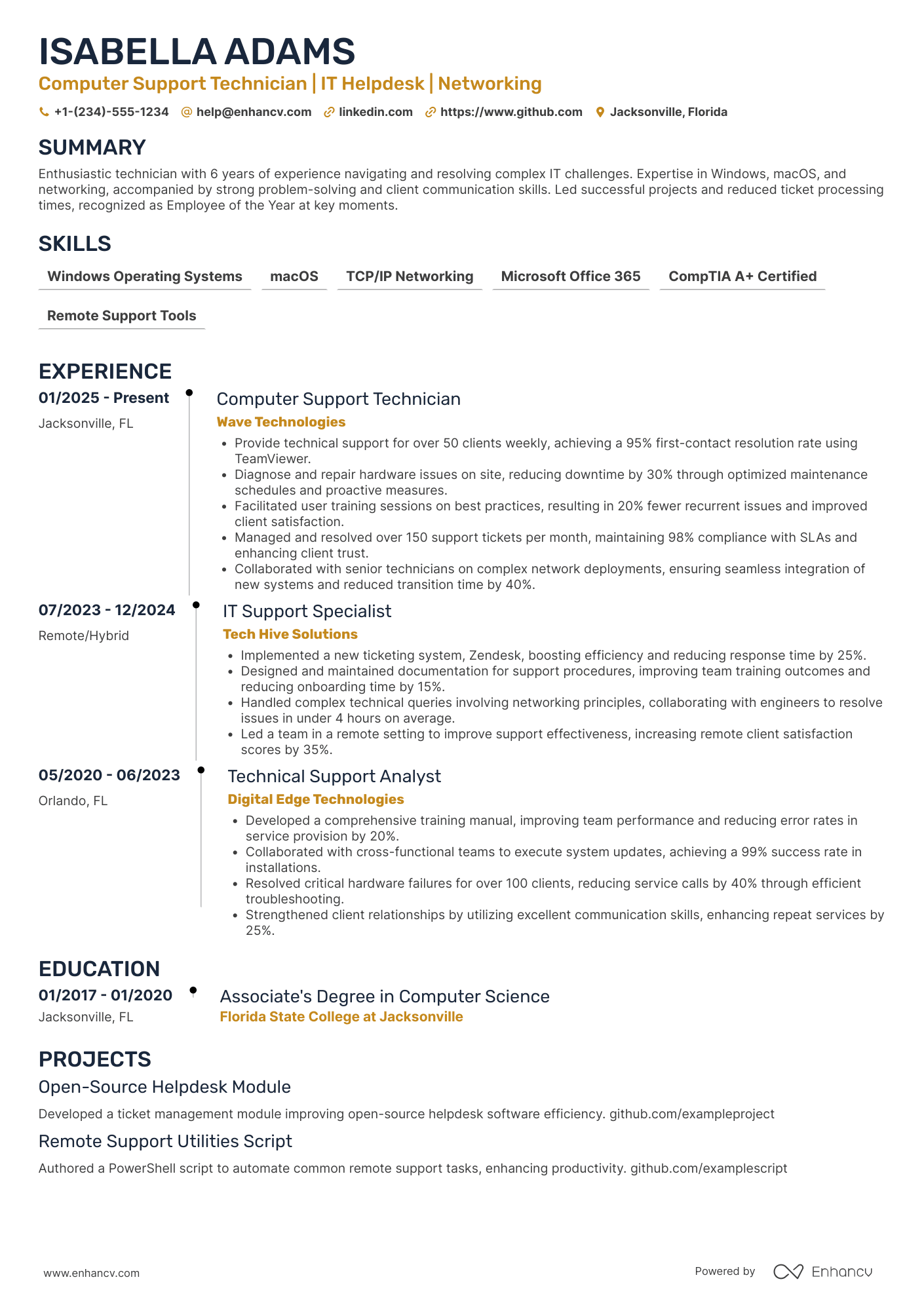 Computer Support Technician Resume Example