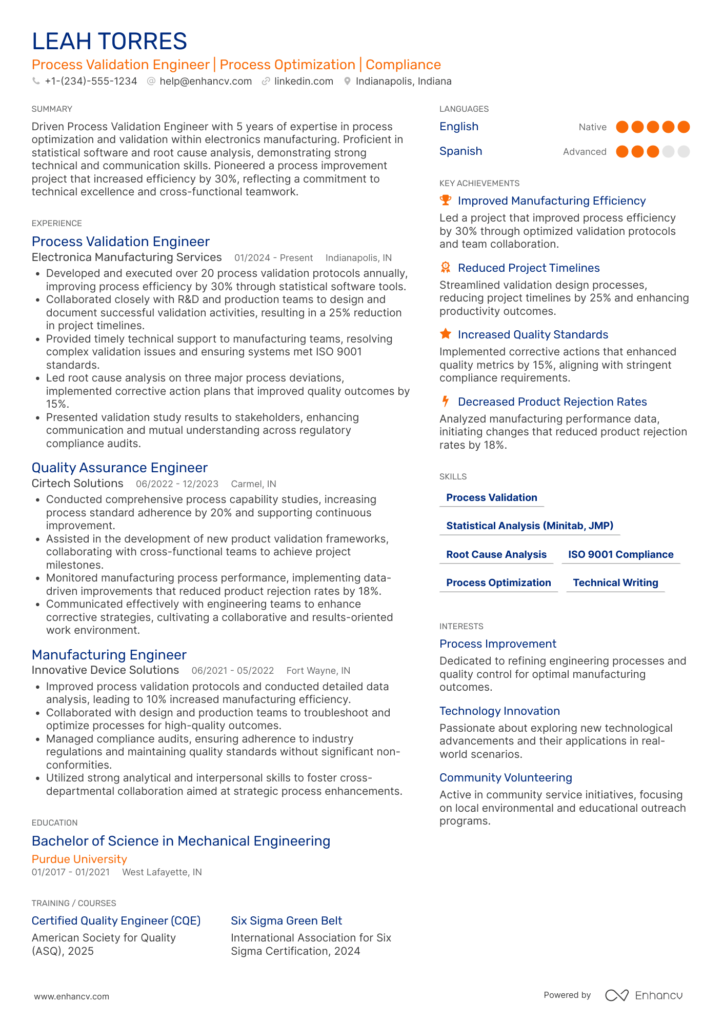 Process Validation Engineer Resume Example