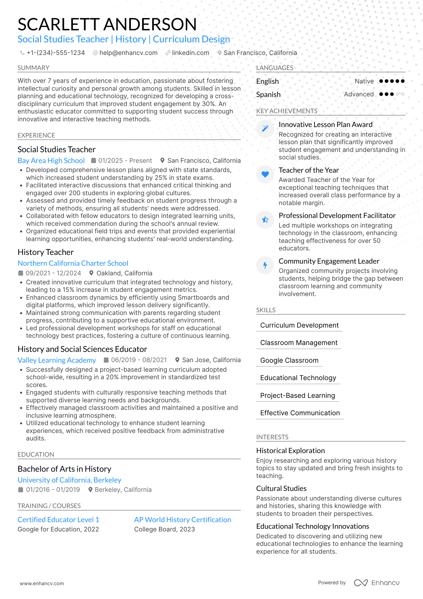 Social Studies Teacher Resume Example