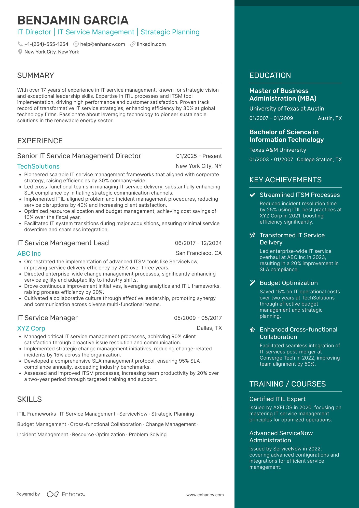 IT Director of IT Service Management Resume Example