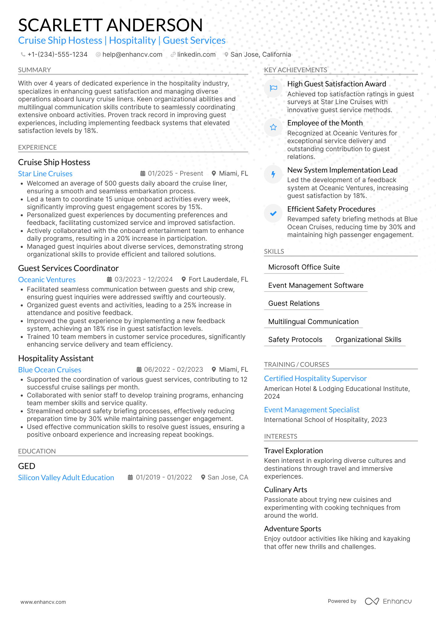 Cruise Ship Hostess Resume Example