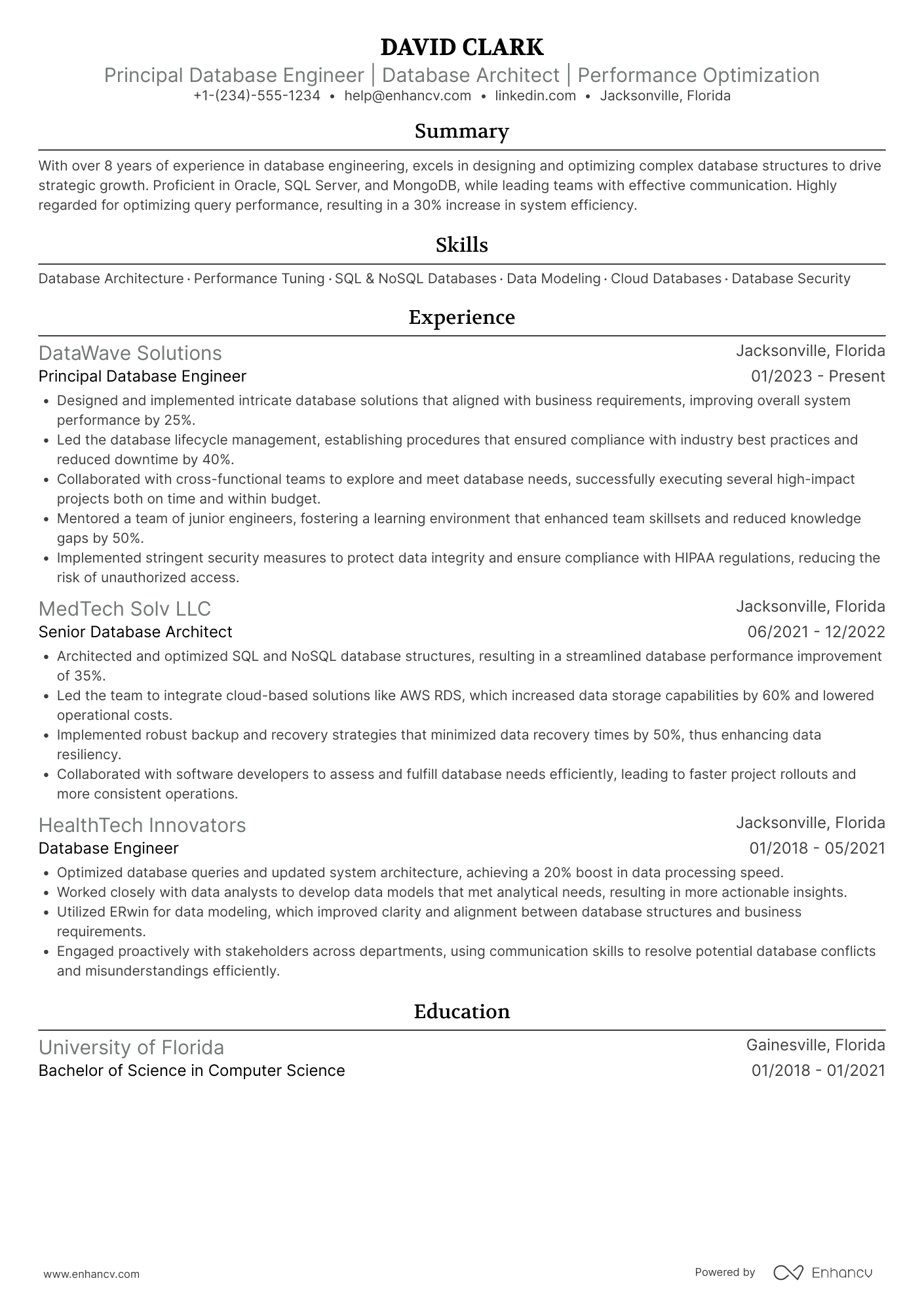 Principal Database Engineer Resume Example