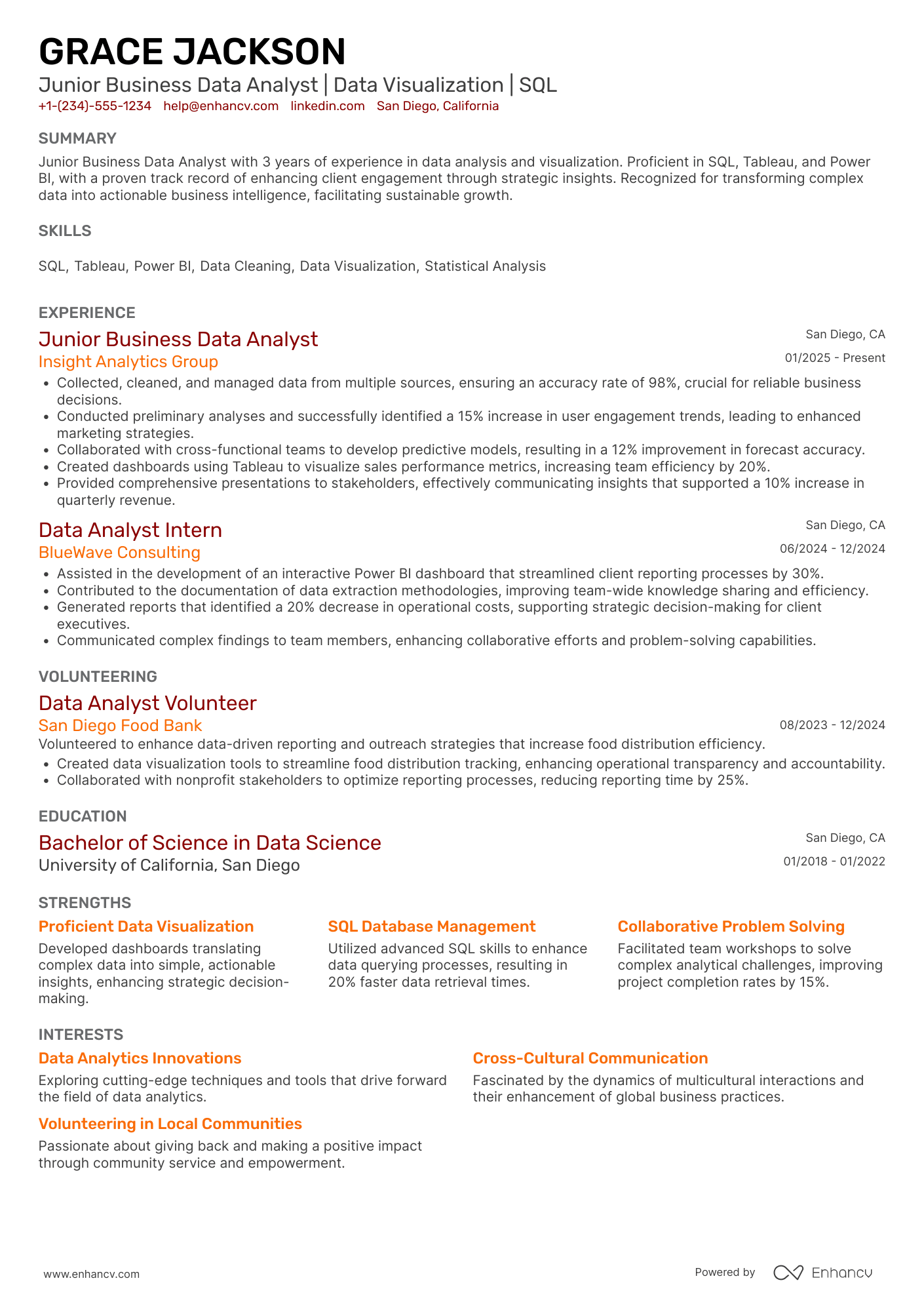 Junior Business Data Analyst Resume Example