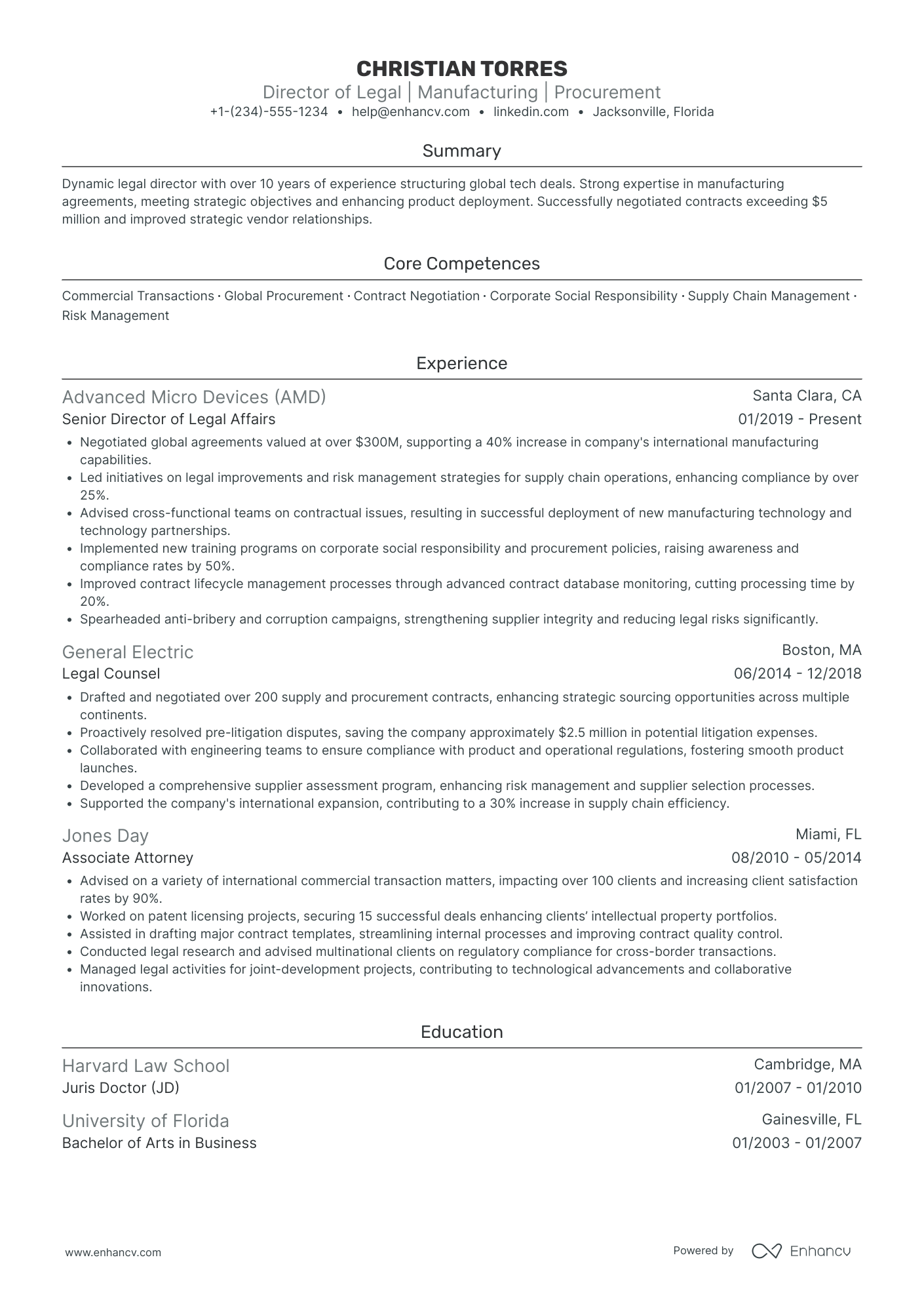 Chief Legal Officer in Manufacturing Resume Example
