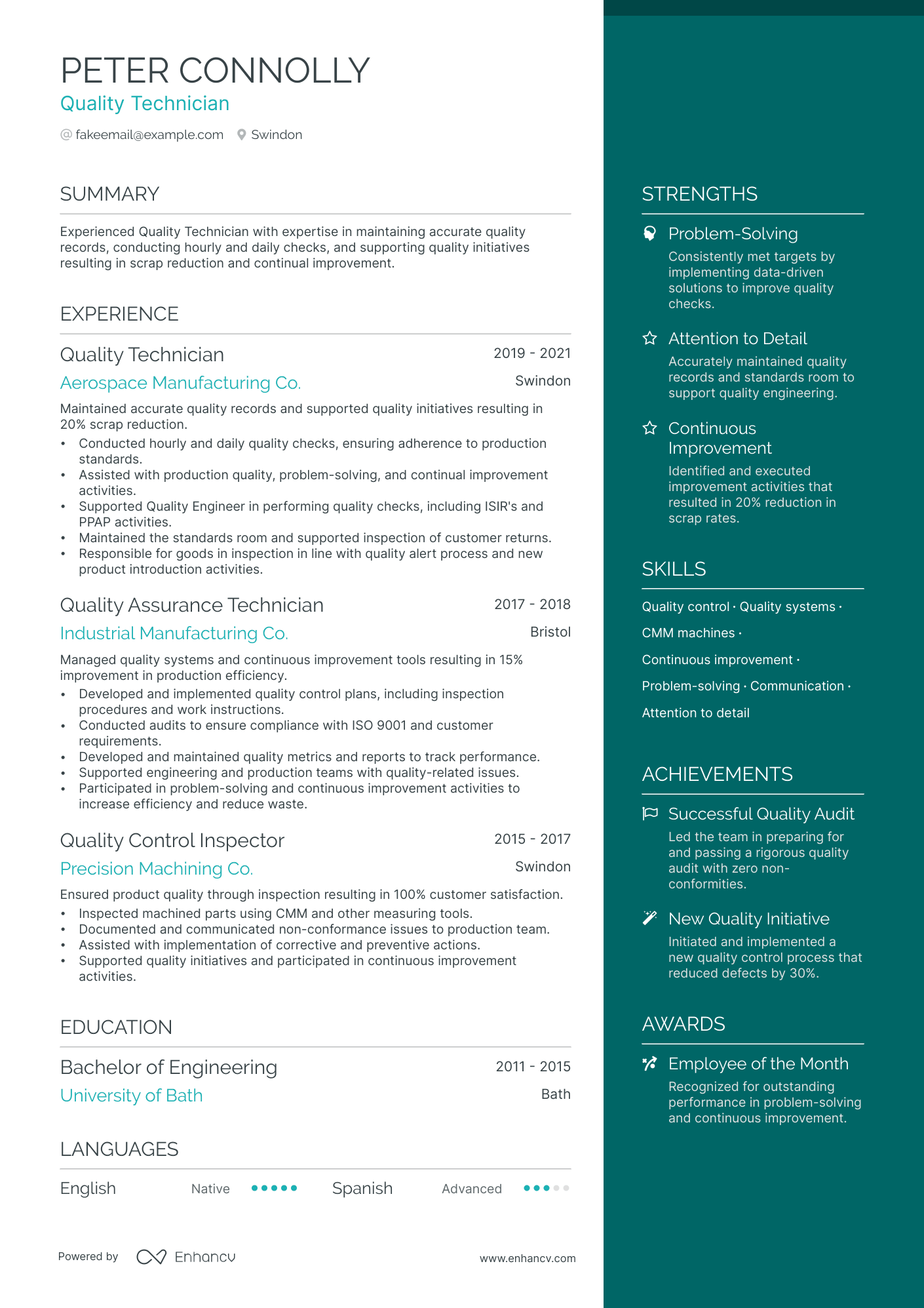Quality Technician Resume Example