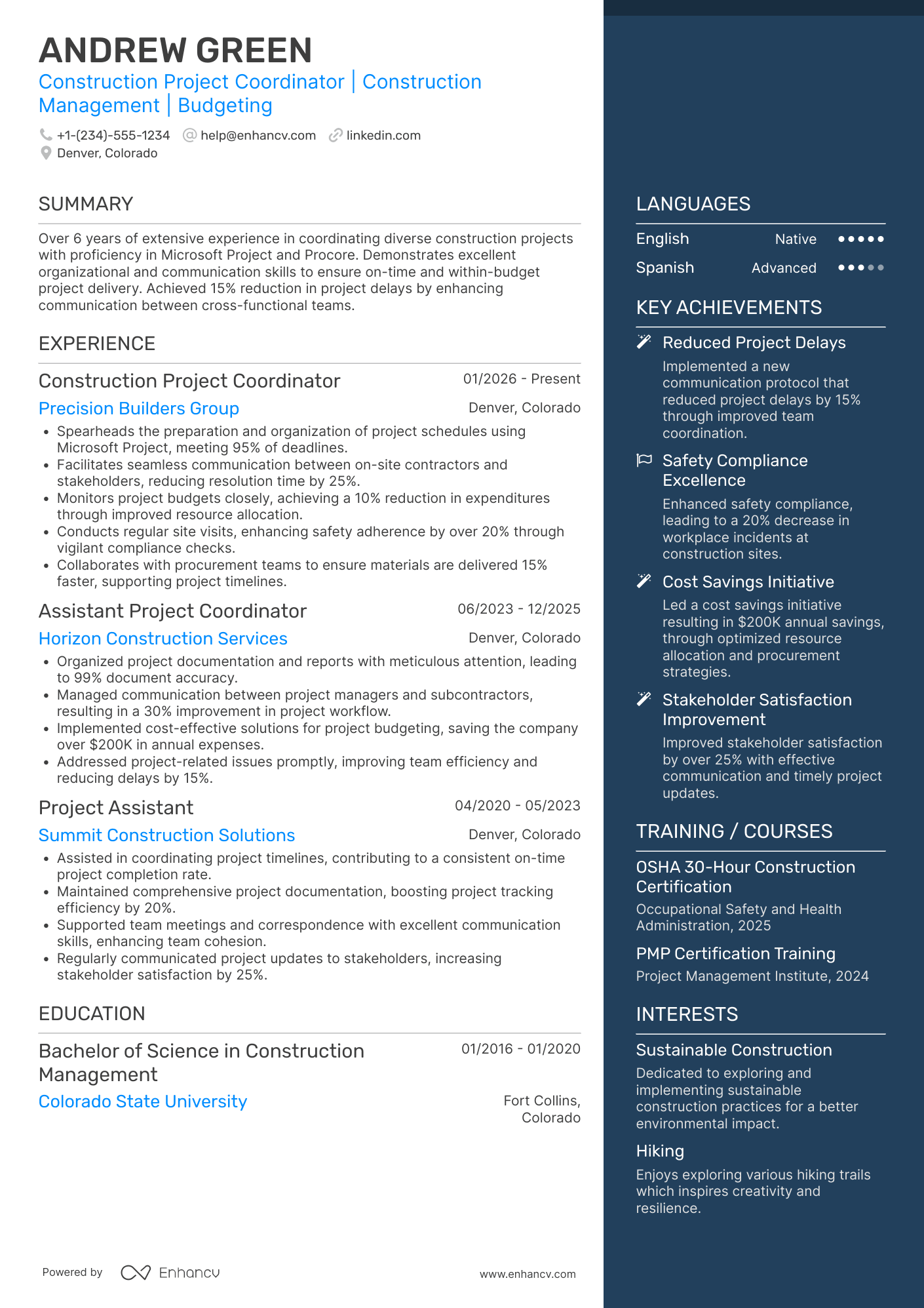 Construction Project Coordinator Resume Example