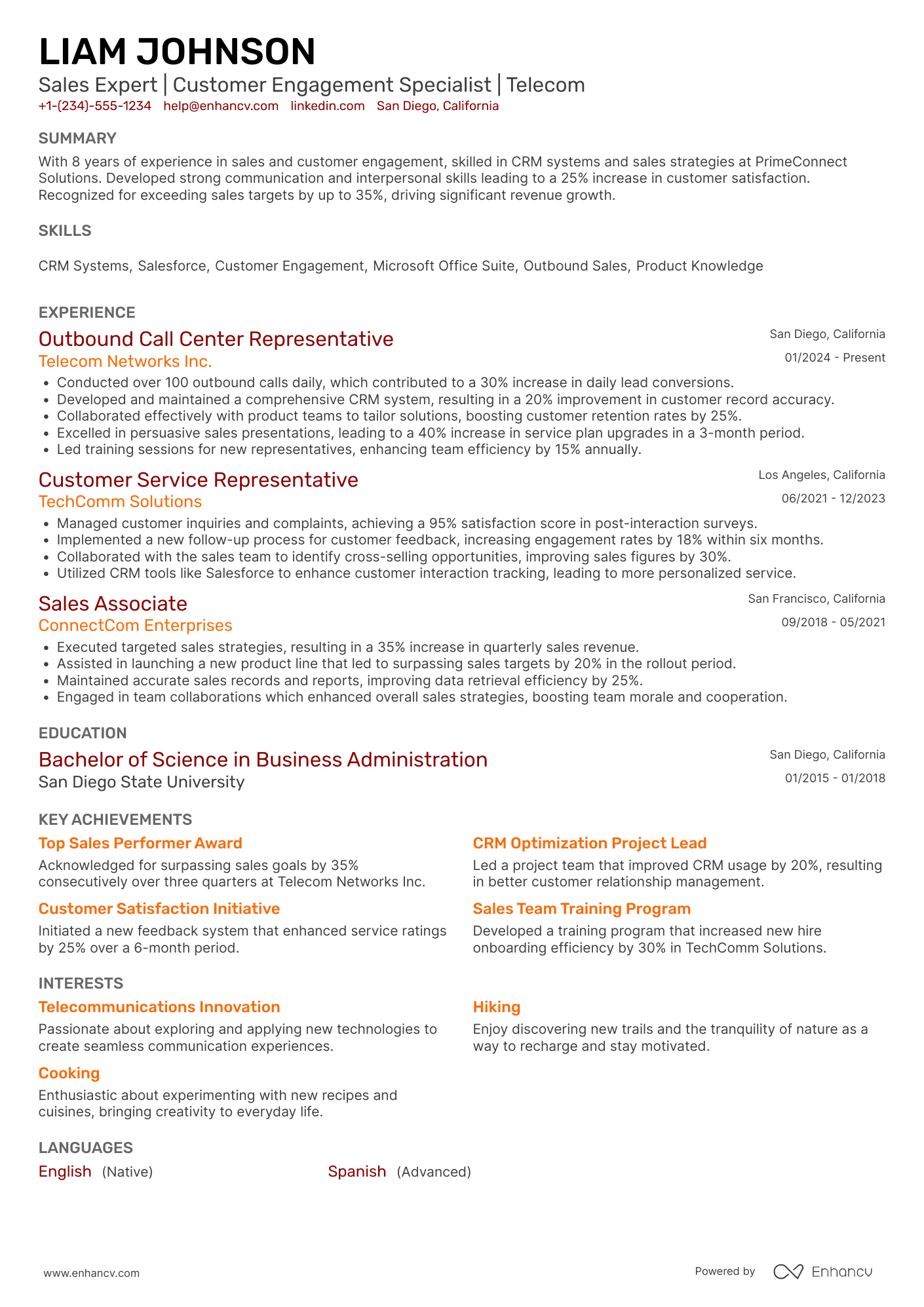 Outbound Call Center Representative Resume Example