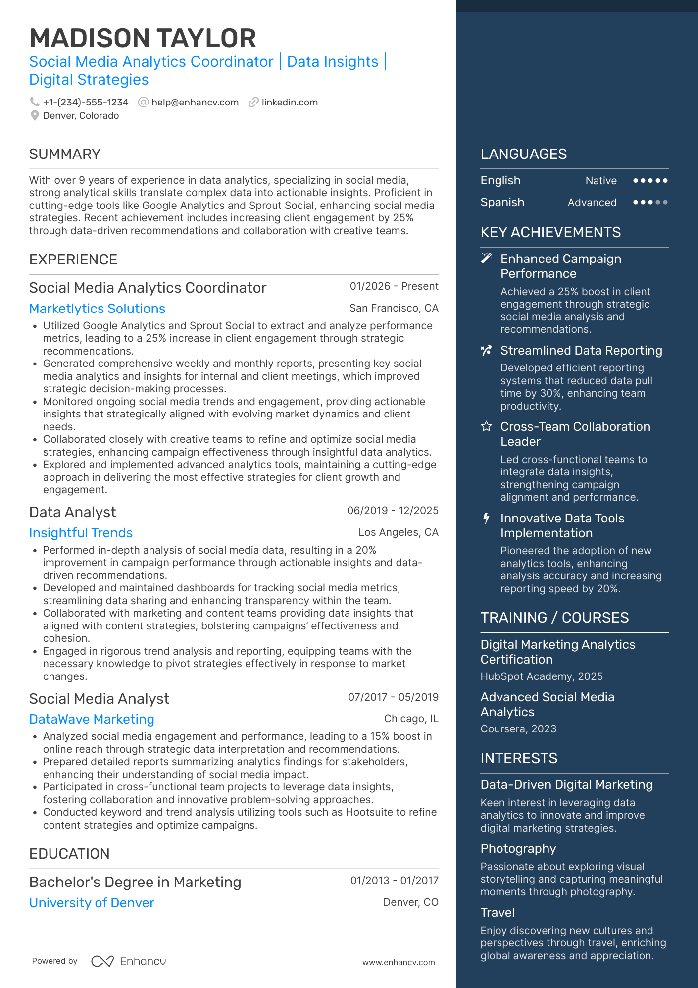 Social Media Analytics Coordinator Resume Example