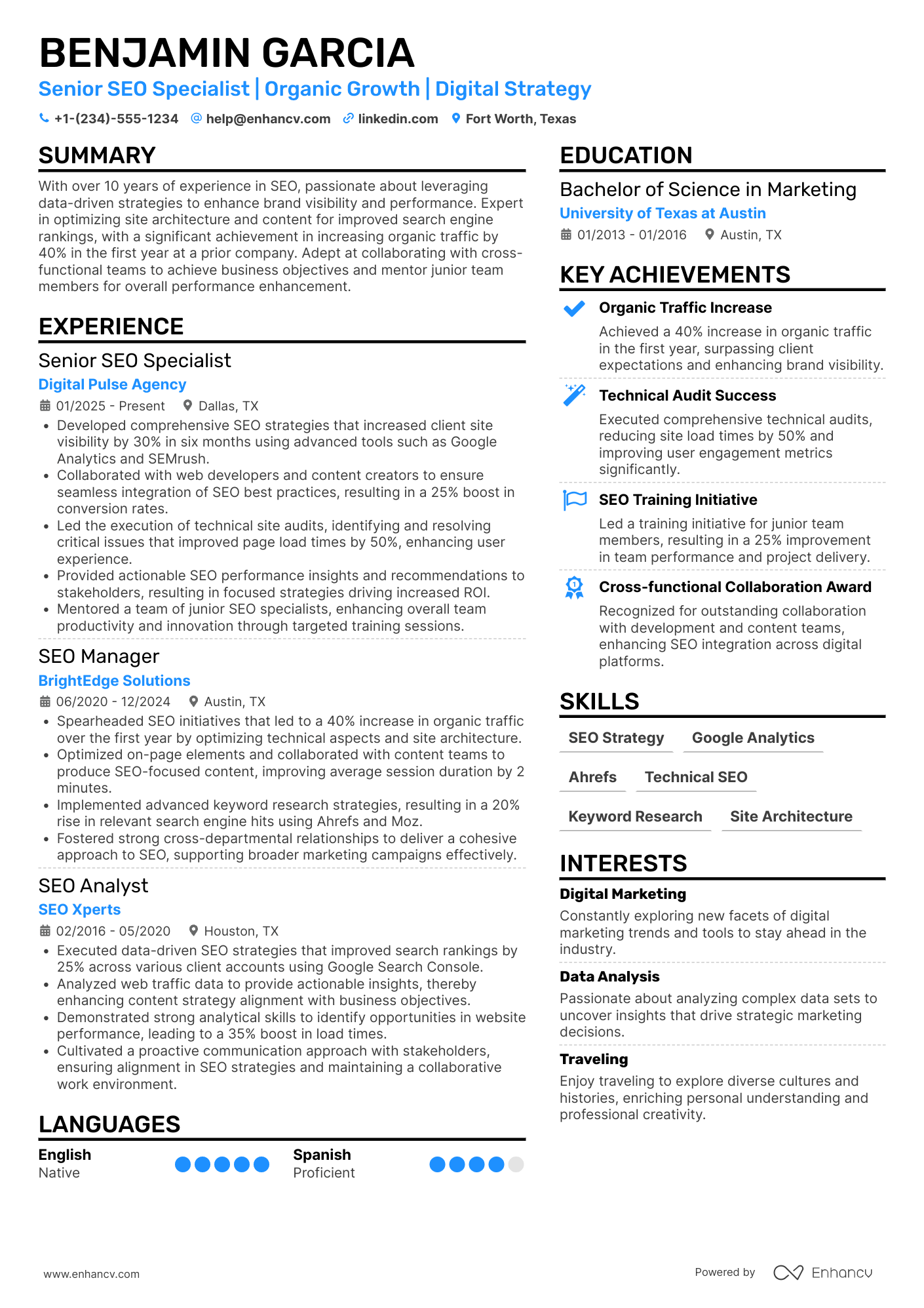 Senior SEO Specialist Resume Example