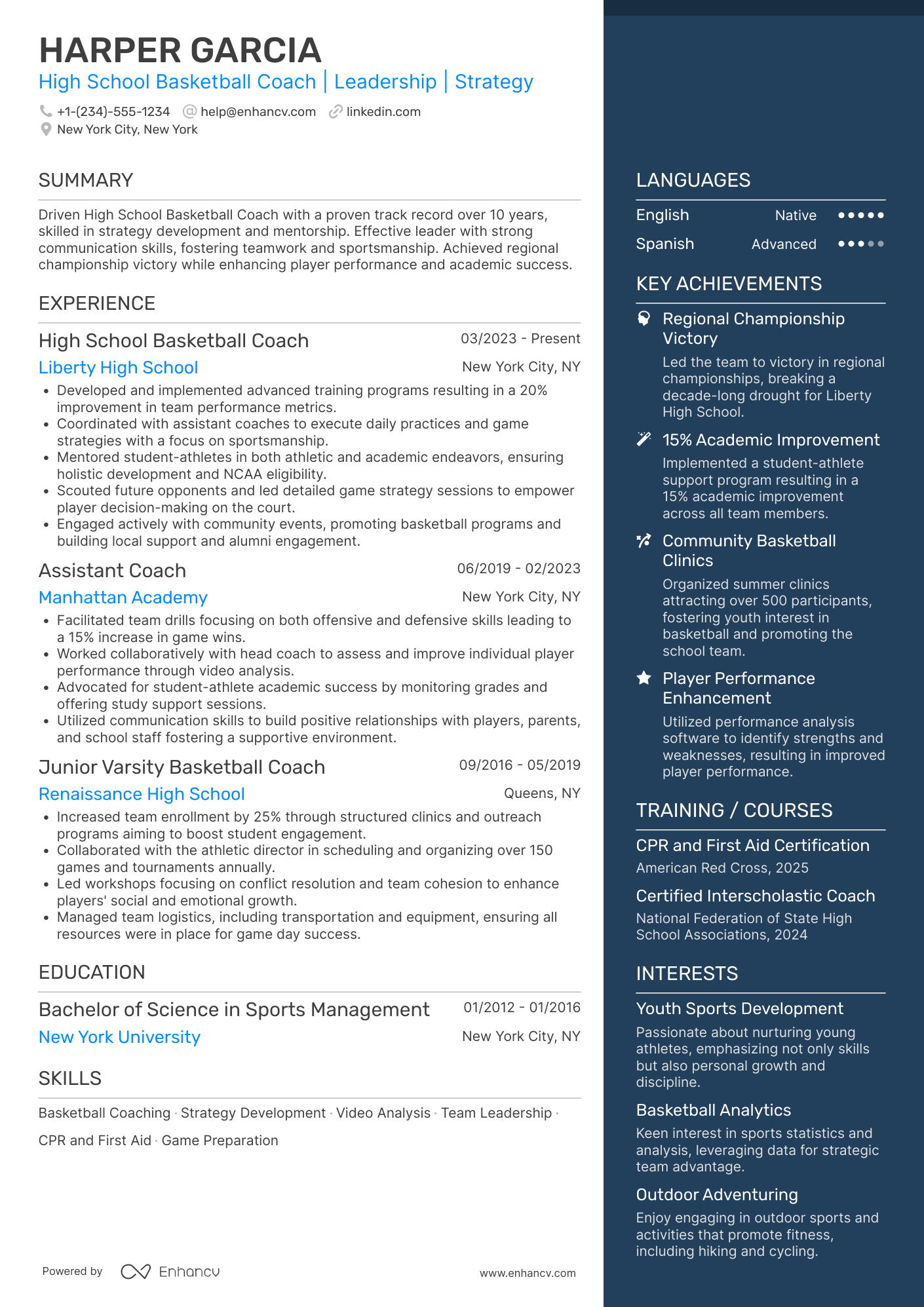 High School Basketball Coach Resume Example