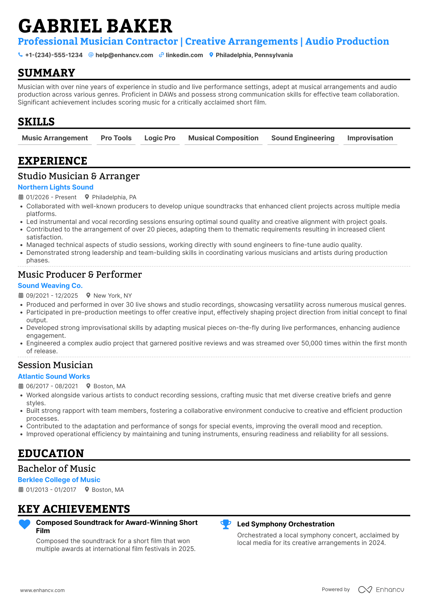 Musician Contractor Resume Example