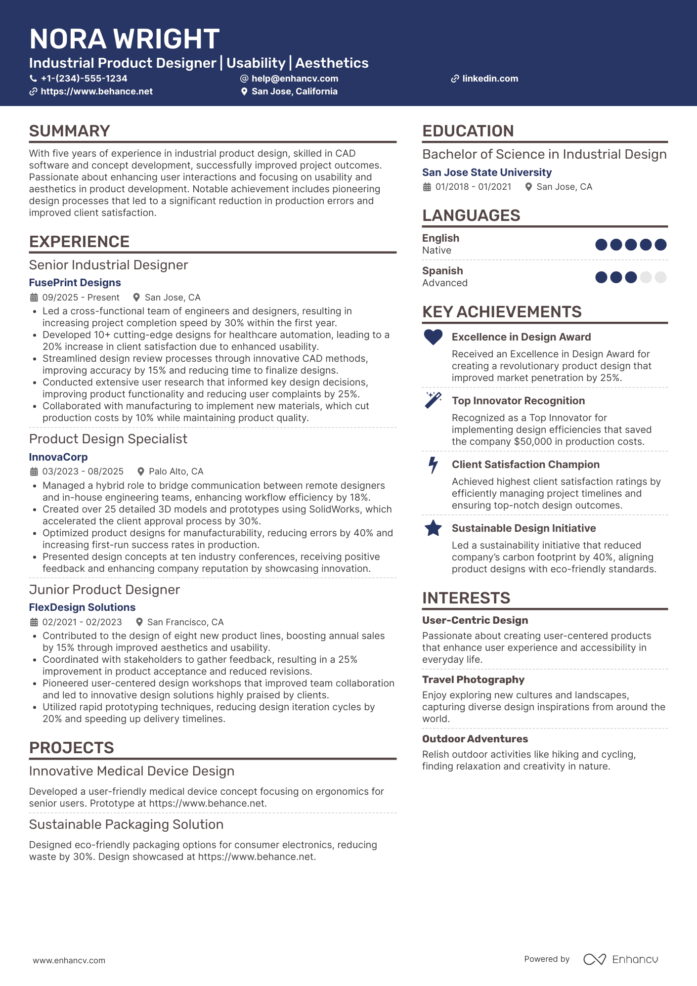 Industrial Product Designer Resume Example