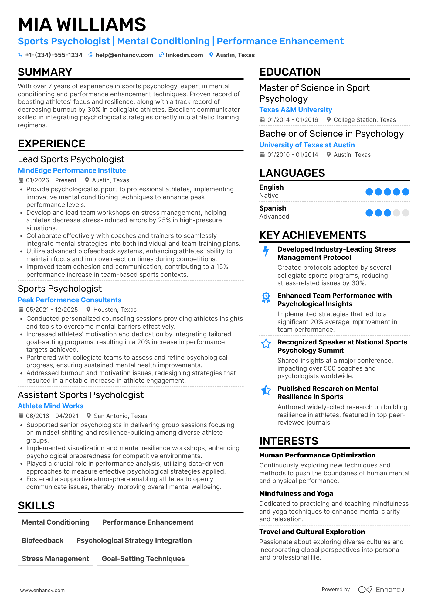 Sports Psychologist Resume Example