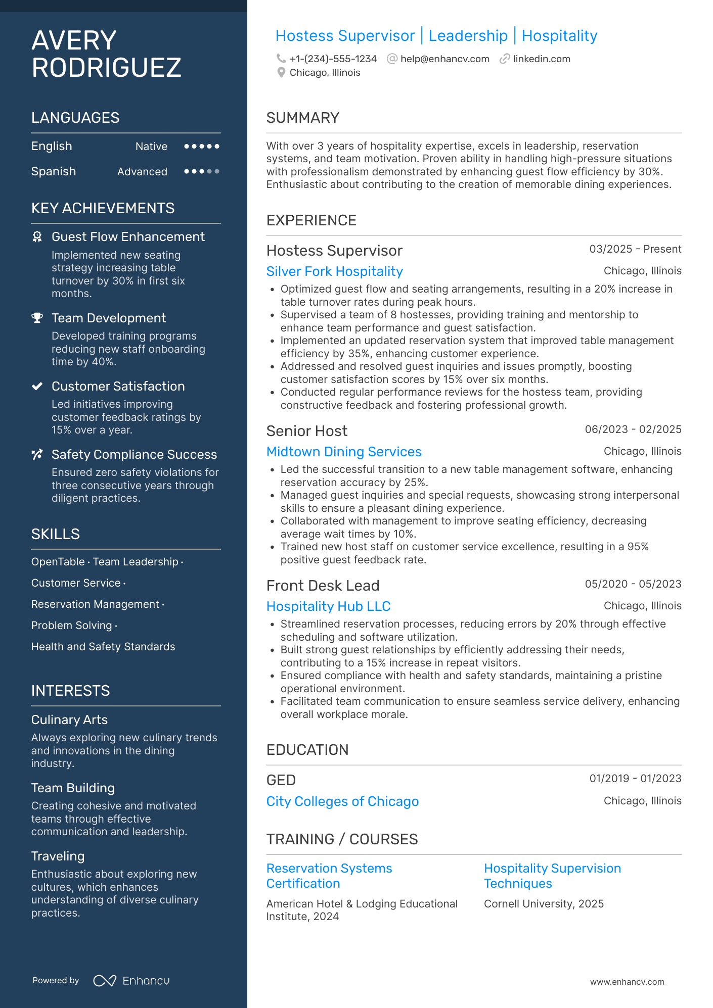 Hostess Supervisor Resume Example