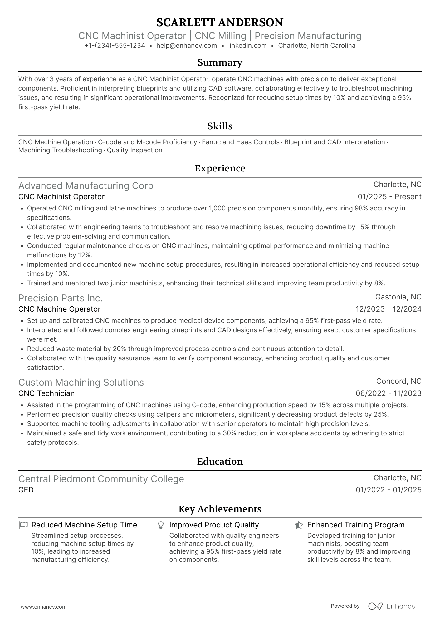 CNC Machinist Operator Resume Example