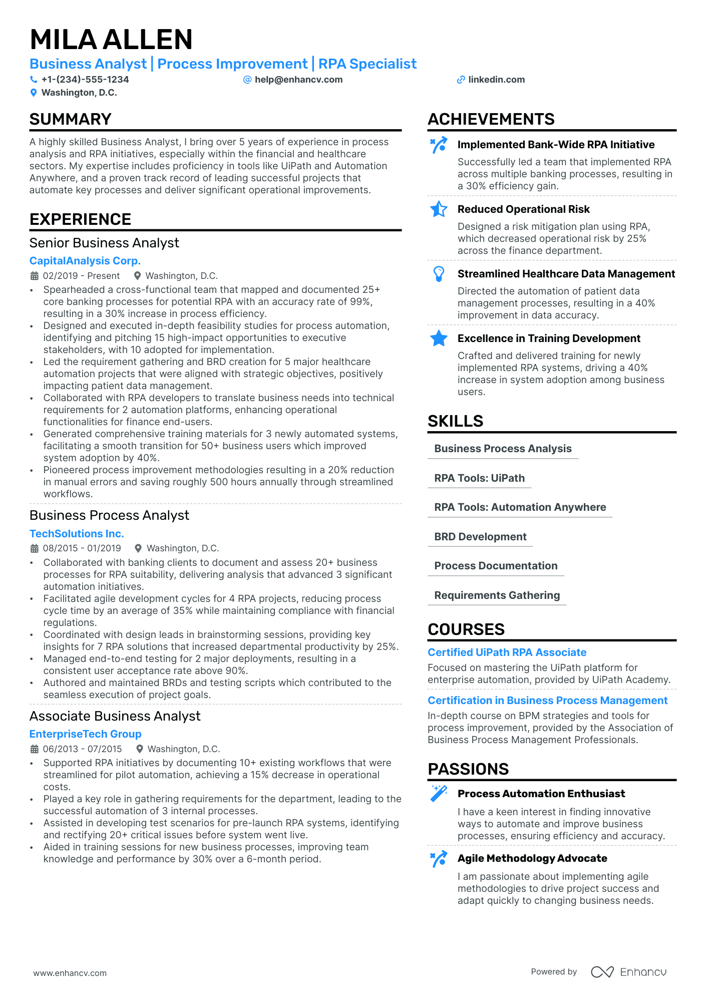 RPA Business Analyst Resume Example