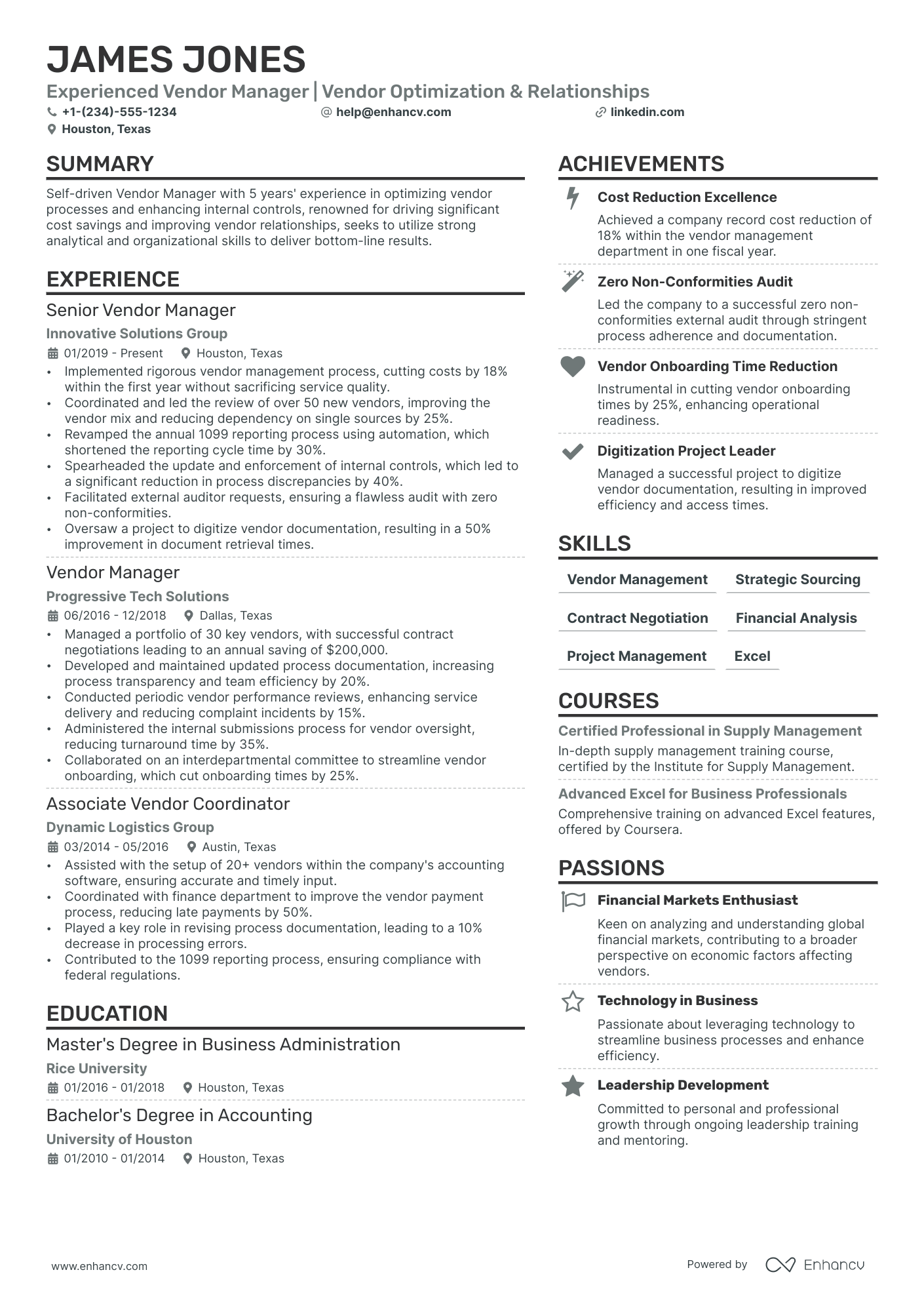 Vendor Manager Resume Example