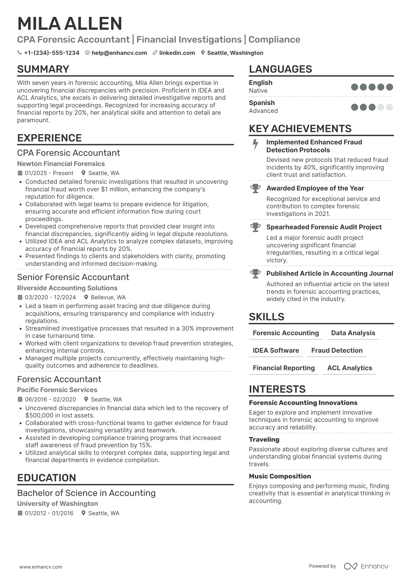 CPA Forensic Accountant Resume Example