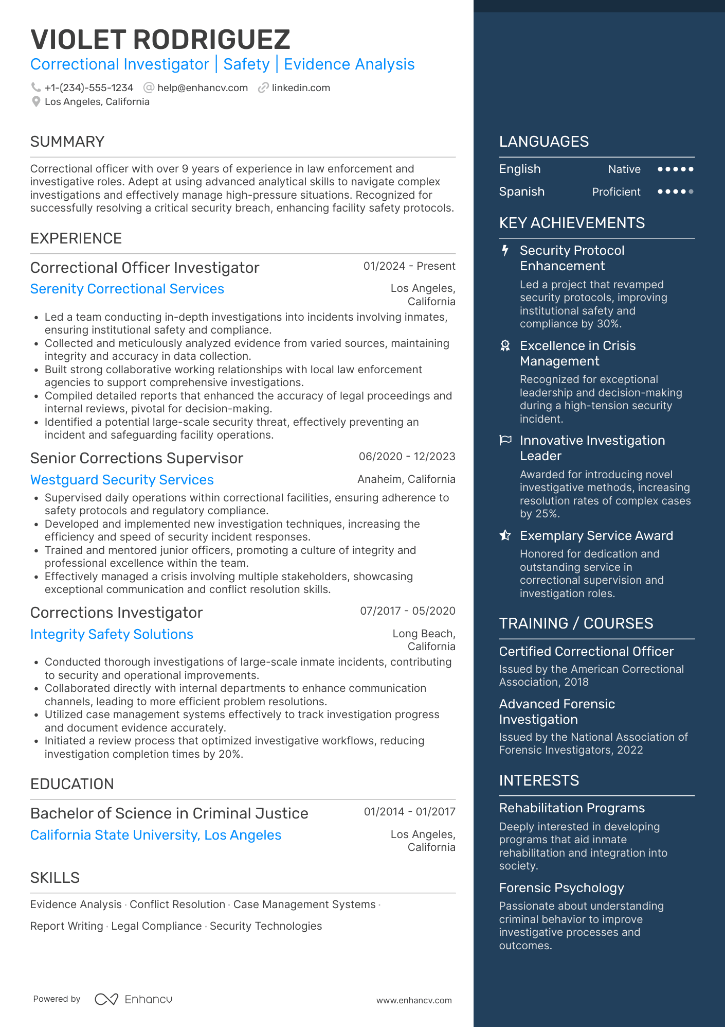 Correctional Officer Investigator Resume Example