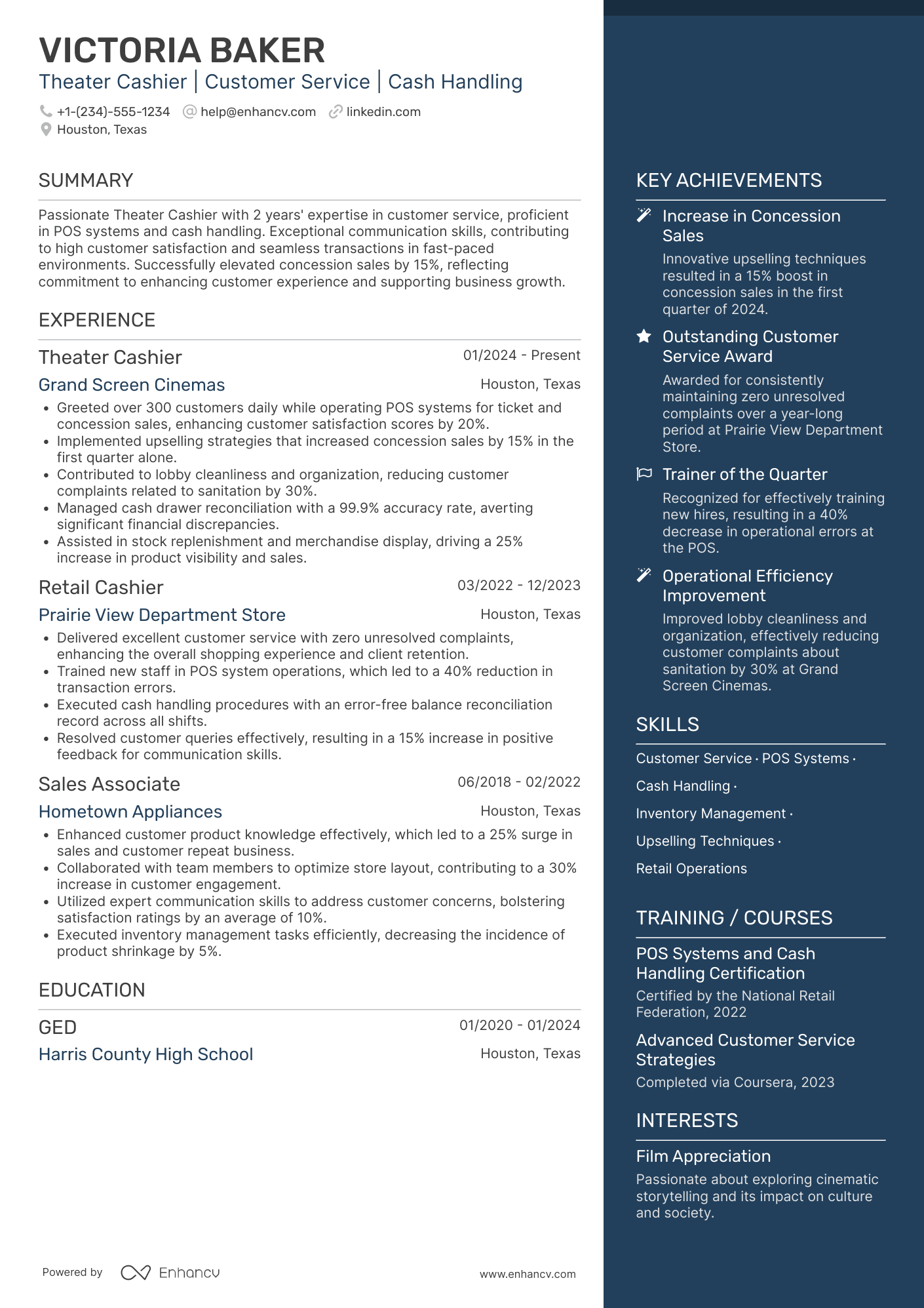 Theater Cashier Resume Example