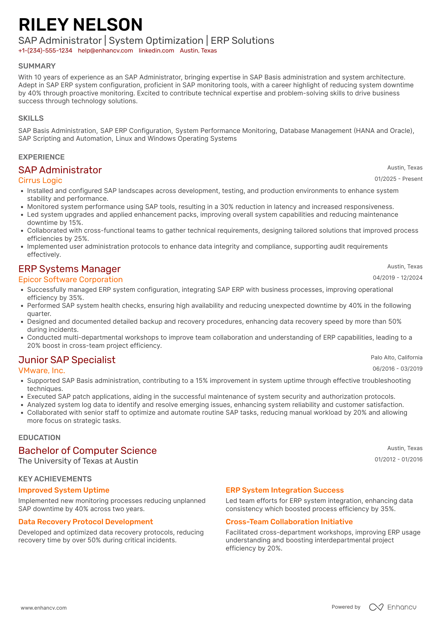 SAP Administrator Resume Example