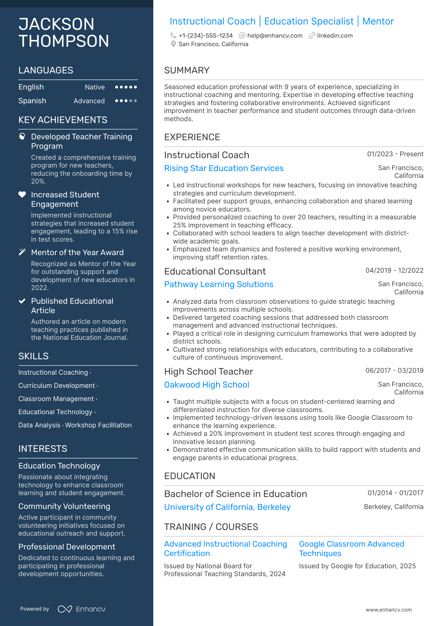 New Teacher Instructional Coach Resume Example