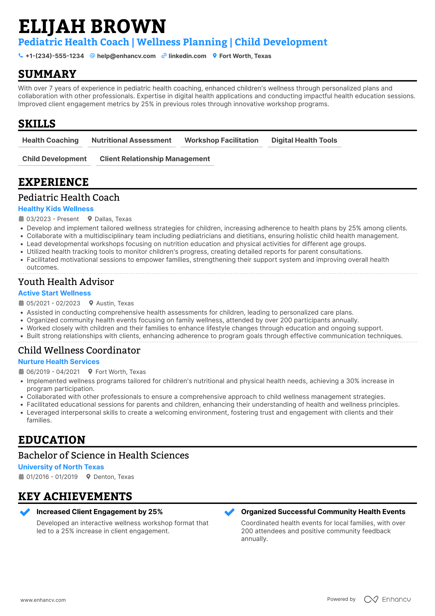 Pediatric Health Coach Resume Example