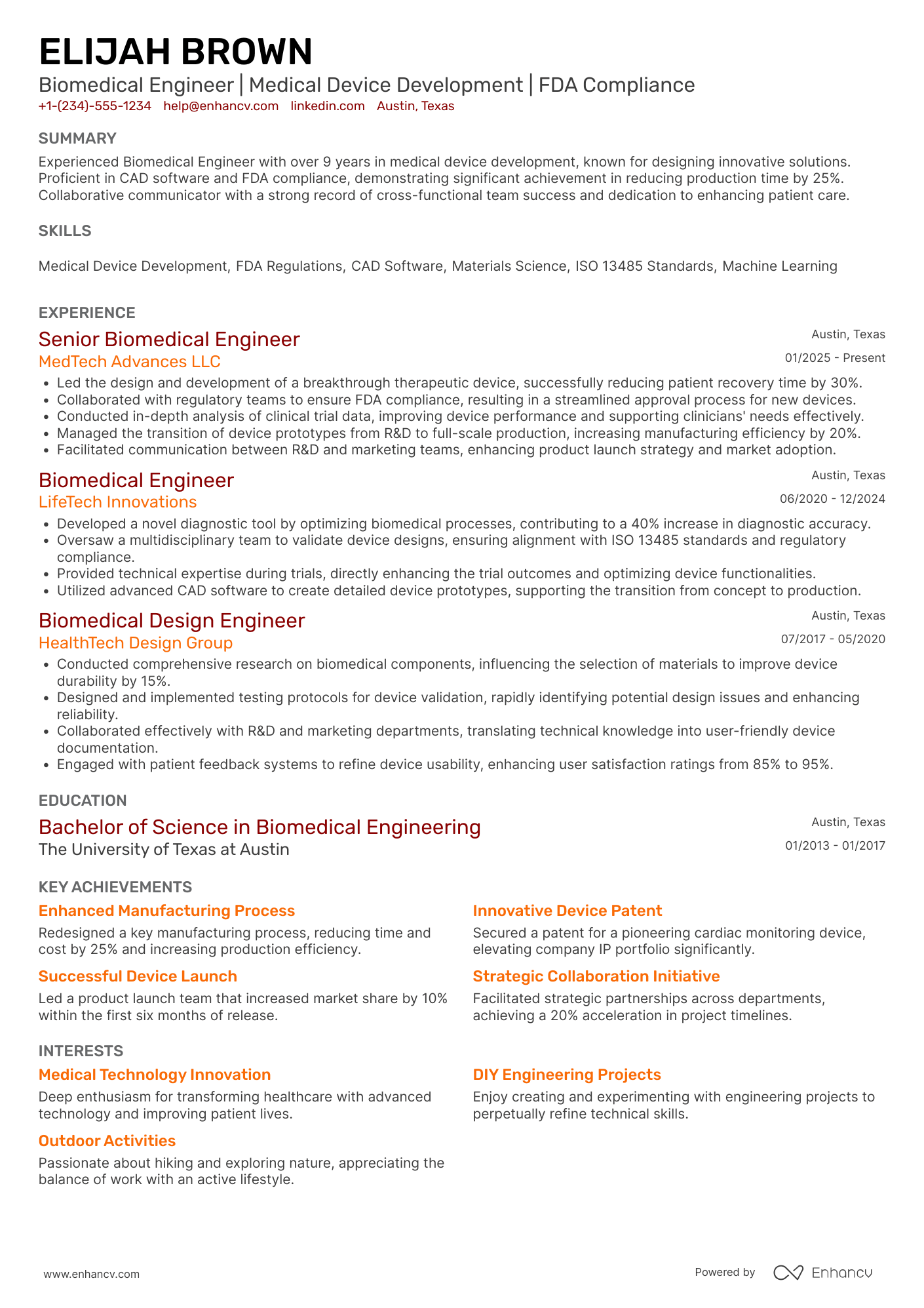 Biomedical Engineer Resume Example