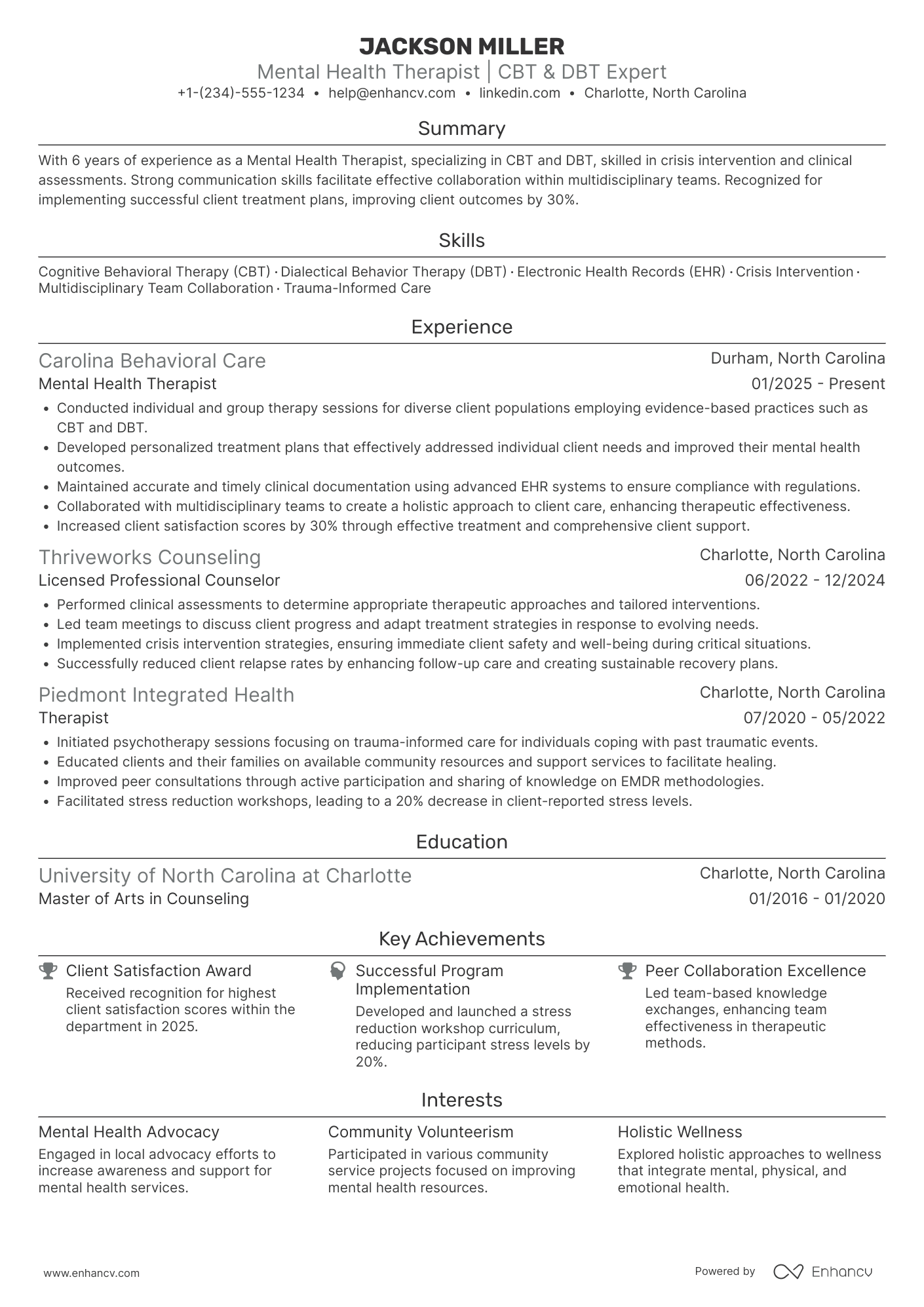 Mental Health Therapist Resume Example