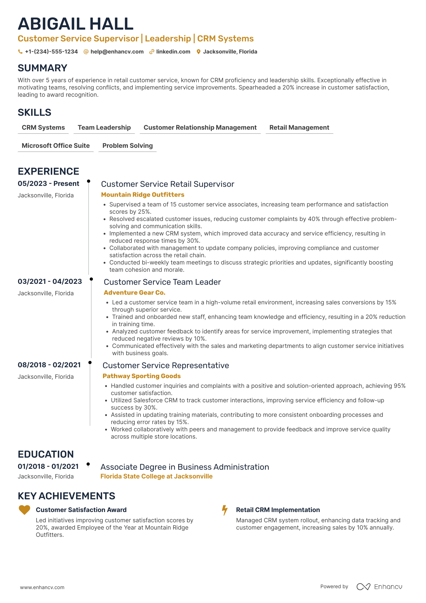 Customer Service Retail Supervisor Resume Example