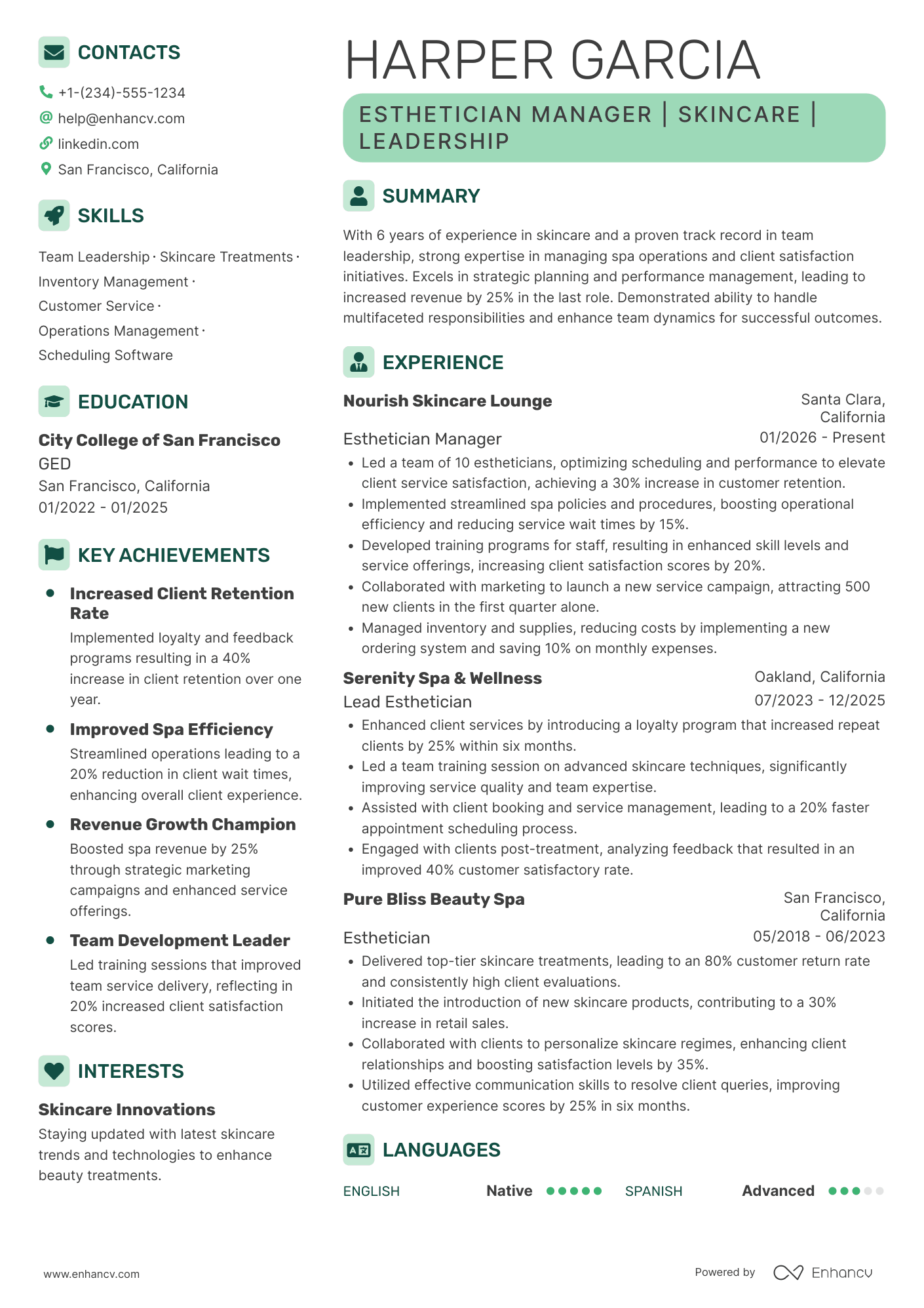 Esthetician Manager Resume Example