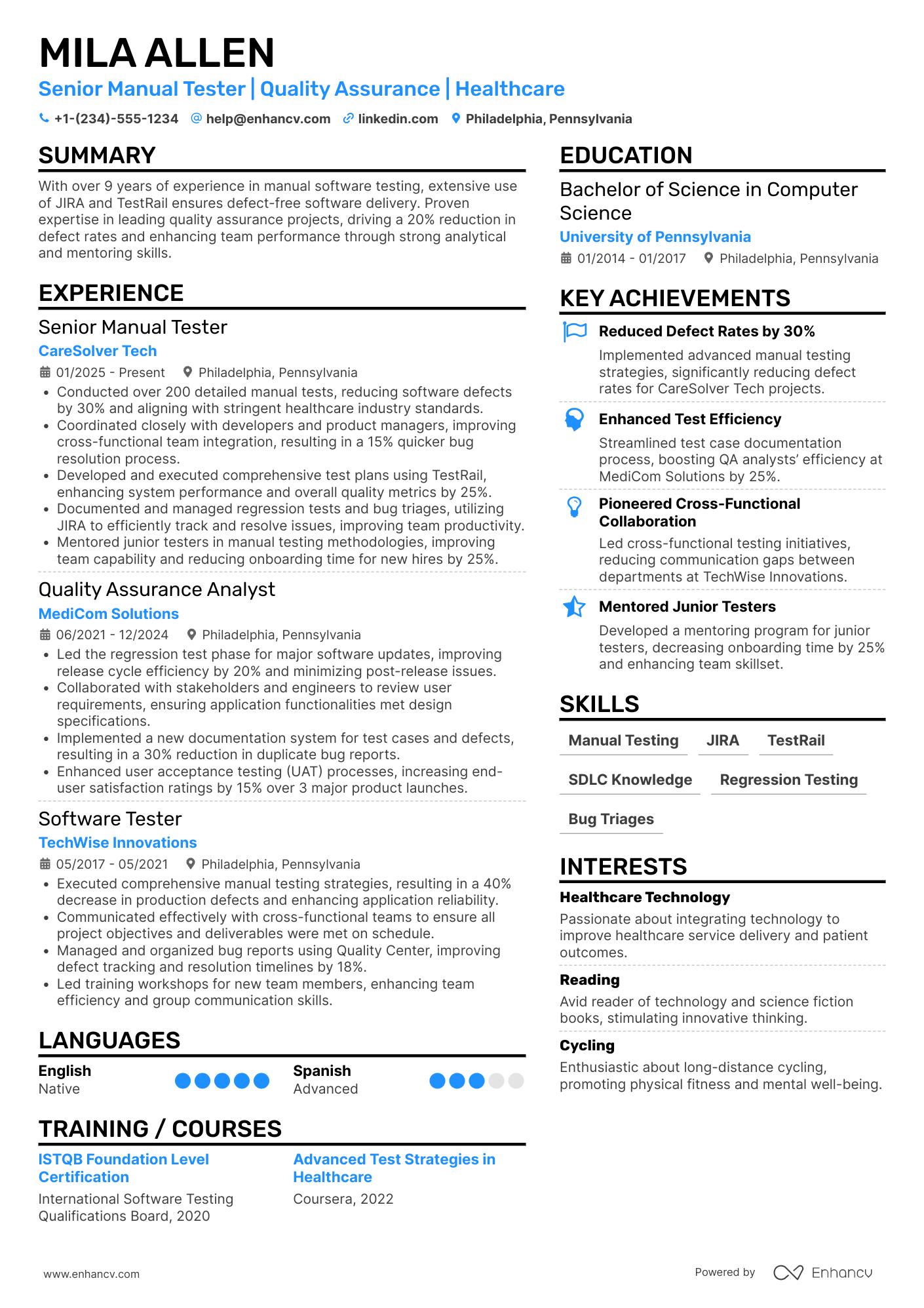 Senior Manual Tester Resume Example