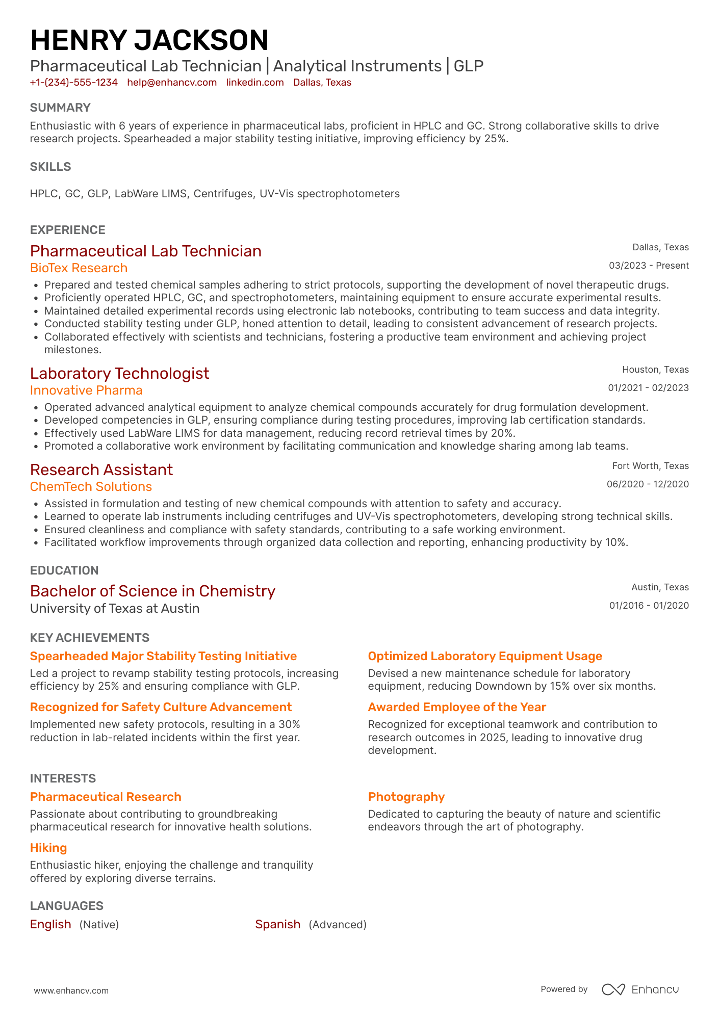 Pharmaceutical Lab Technician Resume Example