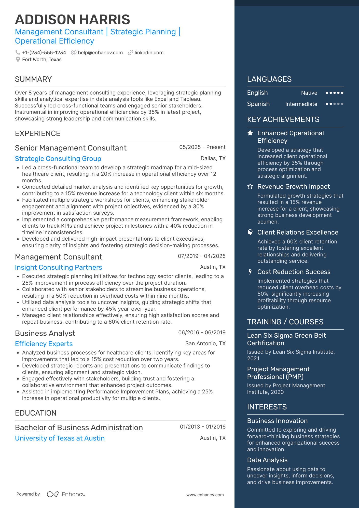 Management Consultant Resume Example