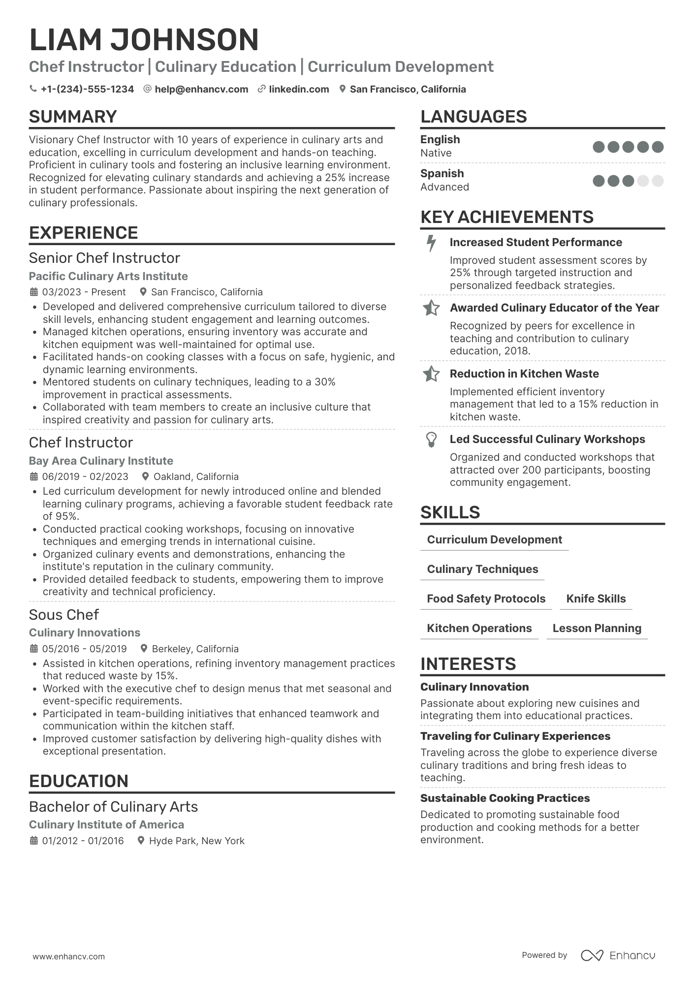 Chef Instructor Resume Example